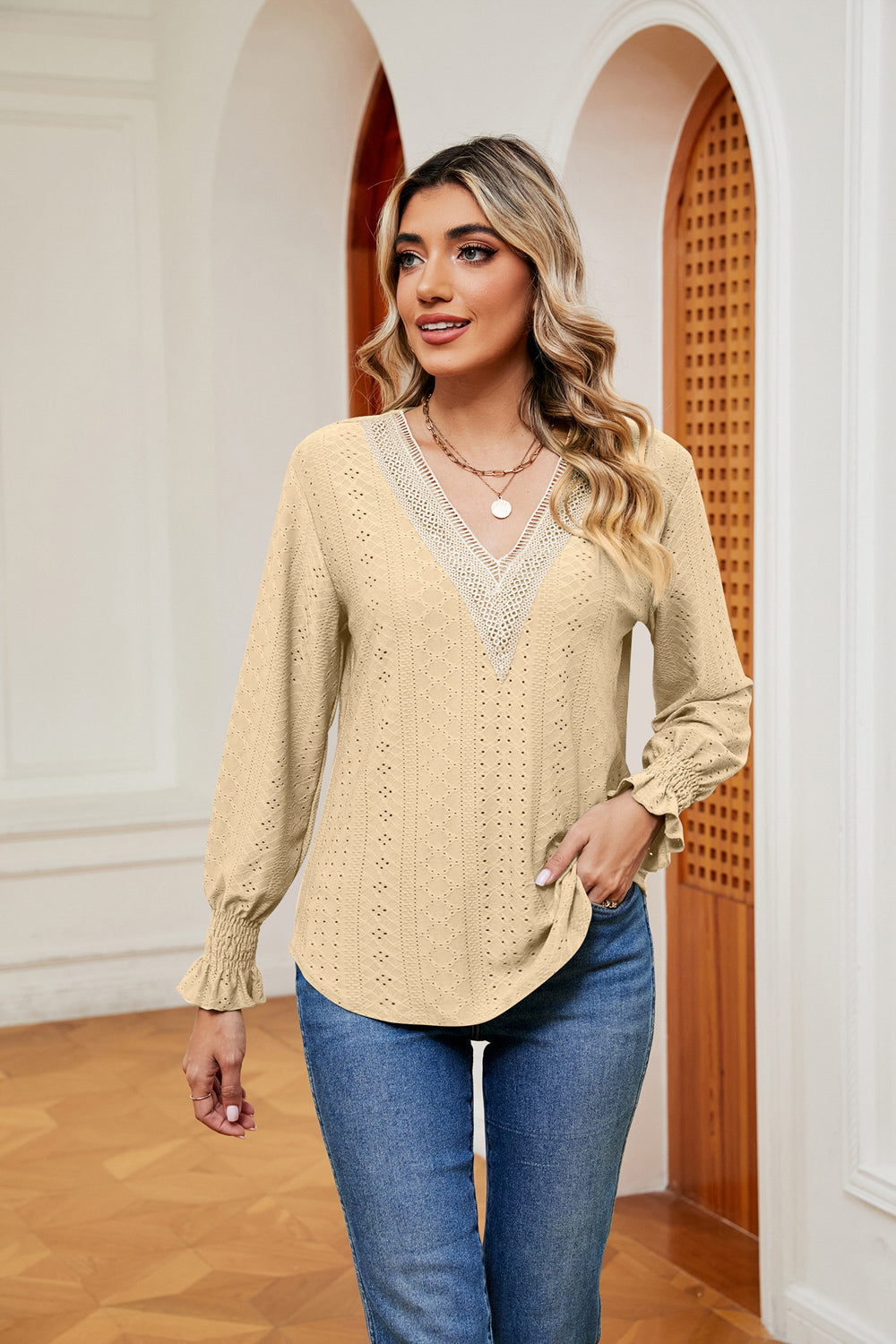 Contrast Flounce Sleeve Blouse in Pastel Yellow