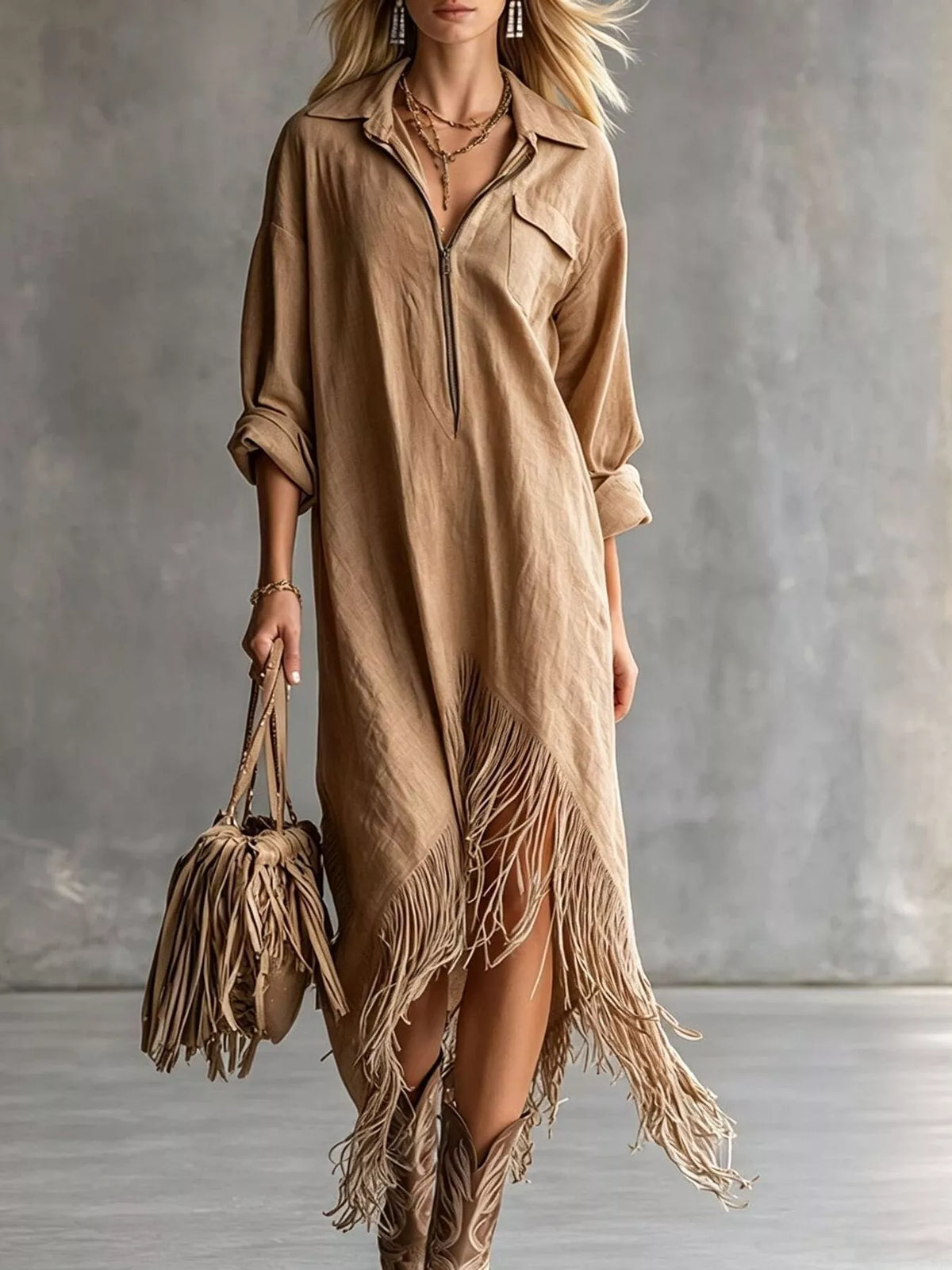 Zipper-Front Fringe Hem Midi Dress
