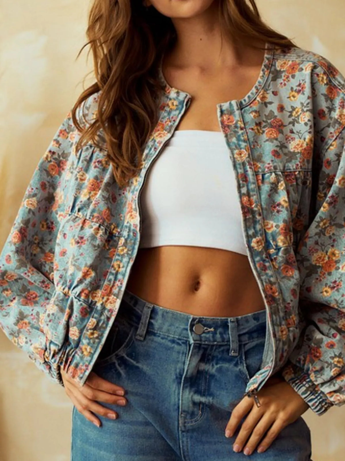 Floral Print Zip Up Cropped Denim Jacket, view 2