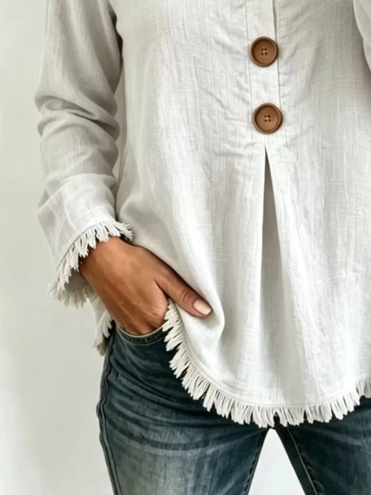 Full Size Casual Half-Button Blouse with Frayed Hem Detail Plus Size, view 3