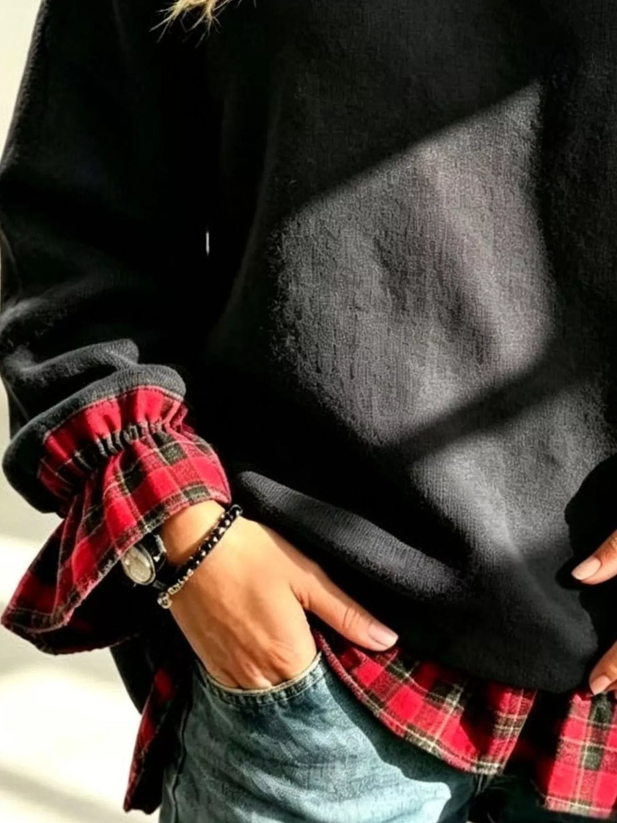 Full Size Cold-Shoulder Plaid Patchwork Long Sleeve Top Plus Size - Lilixa.store