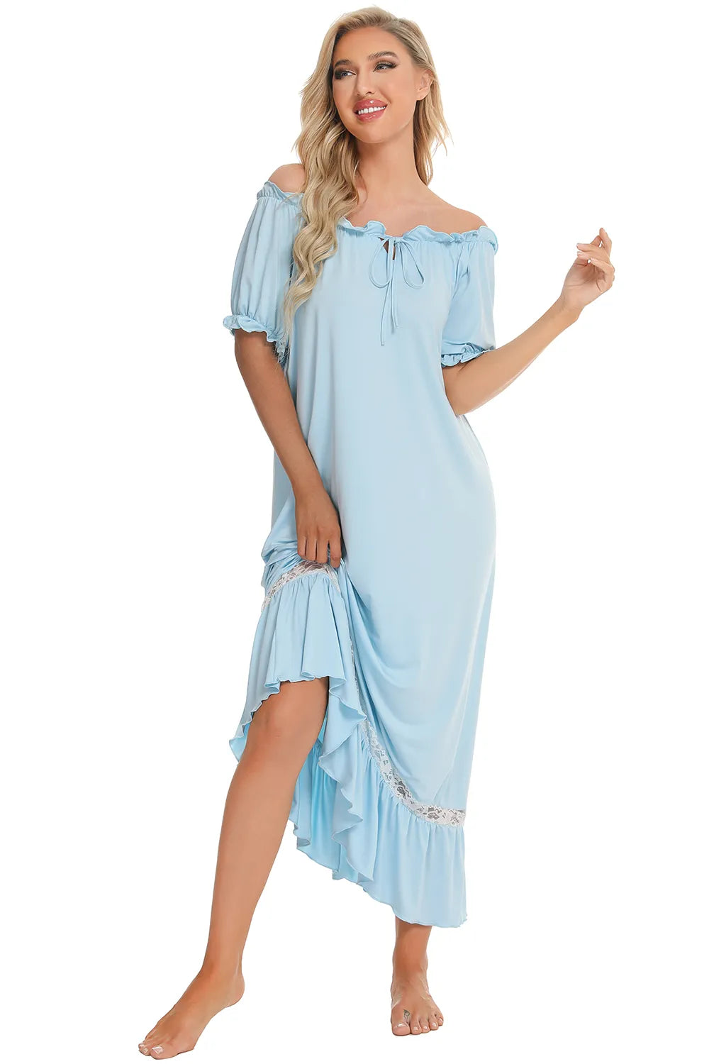 Lace Detail Short Sleeve Lounge Dress - Lilixa.store