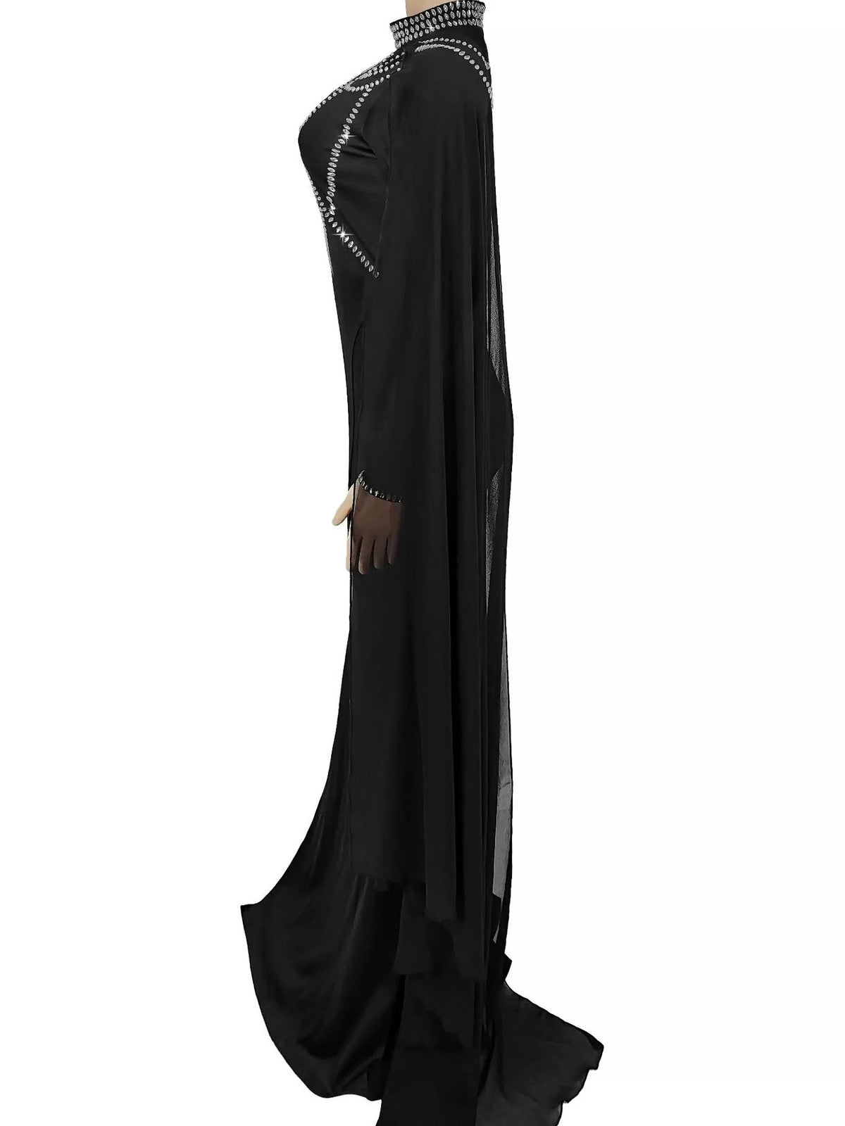 Rhinestone Slit Maxi Dress with Sheer Cape Sleeves - Lilixa.store