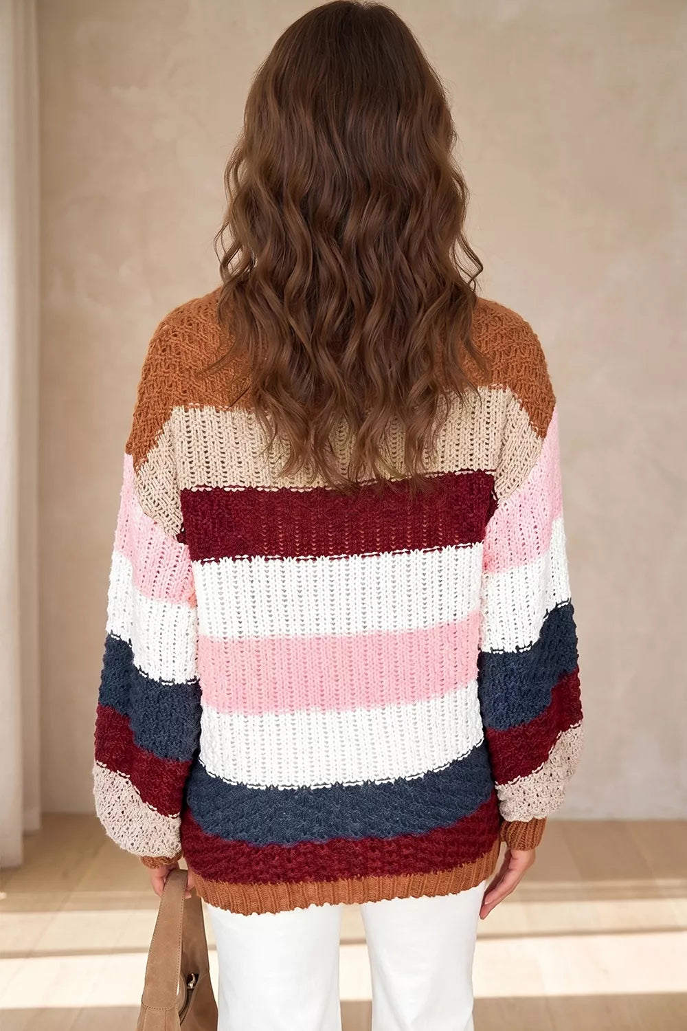 Striped Knit Dropped Shoulder Round Neck Sweater