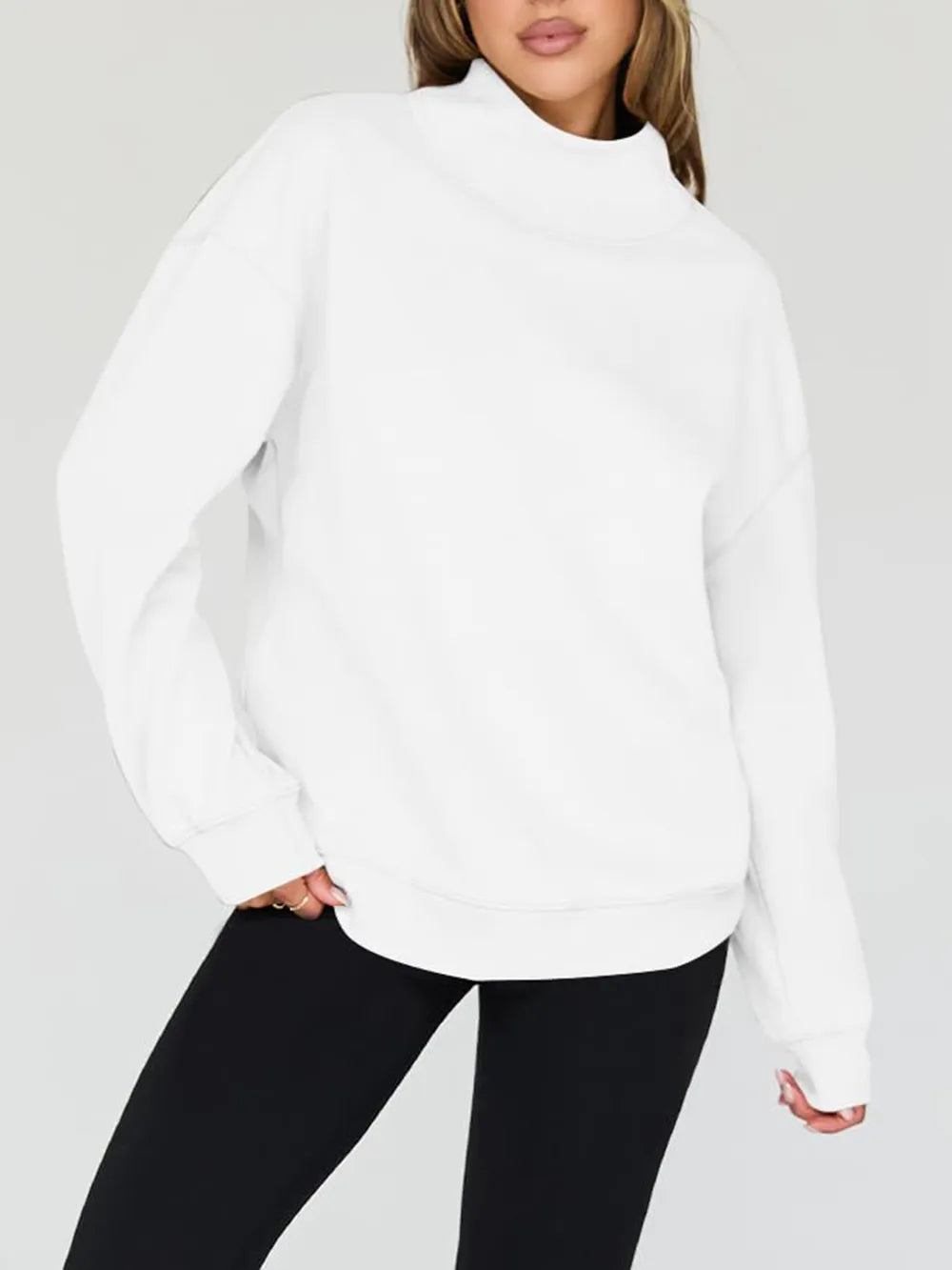 Mock Neck Drop Shoulder Long Sleeve Sweatshirt - Lilixa.store