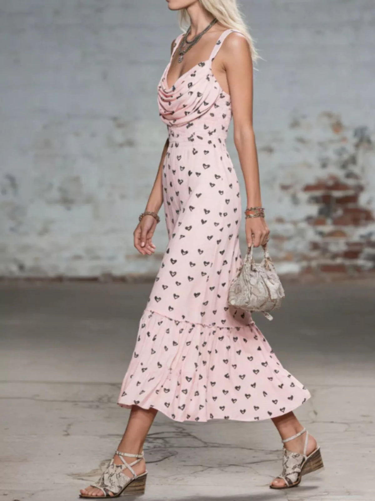 Heart-Print Cowl Neck Midi Dress