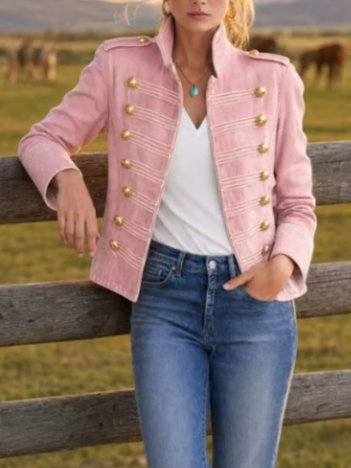 Military-Inspired Denim Jacket with Gold Button Detailing in Dusty Pink, view 4