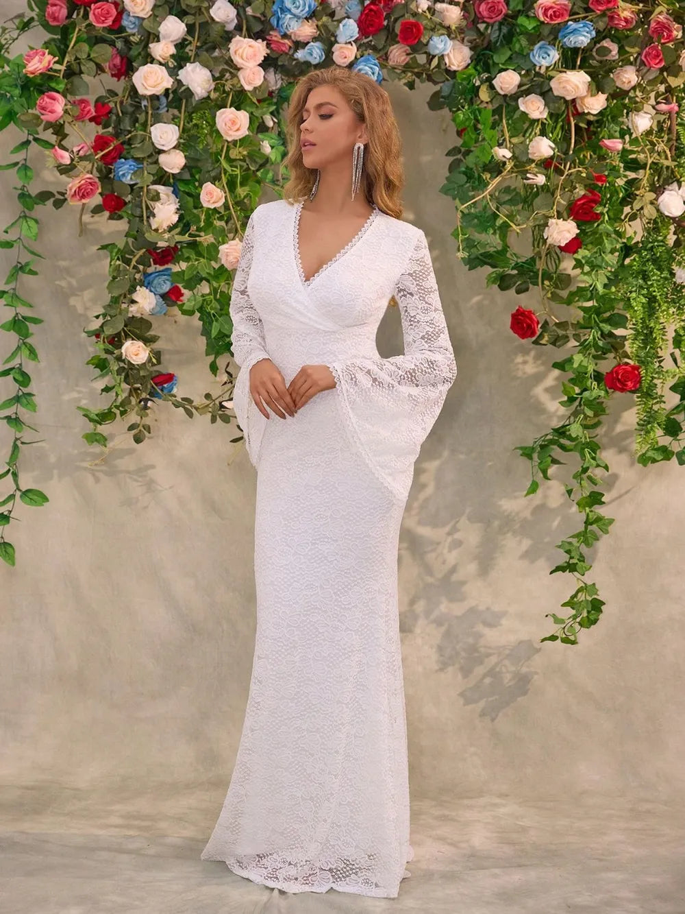Lace Surplice Flare Sleeve Maxi Dress - Lilixa.store