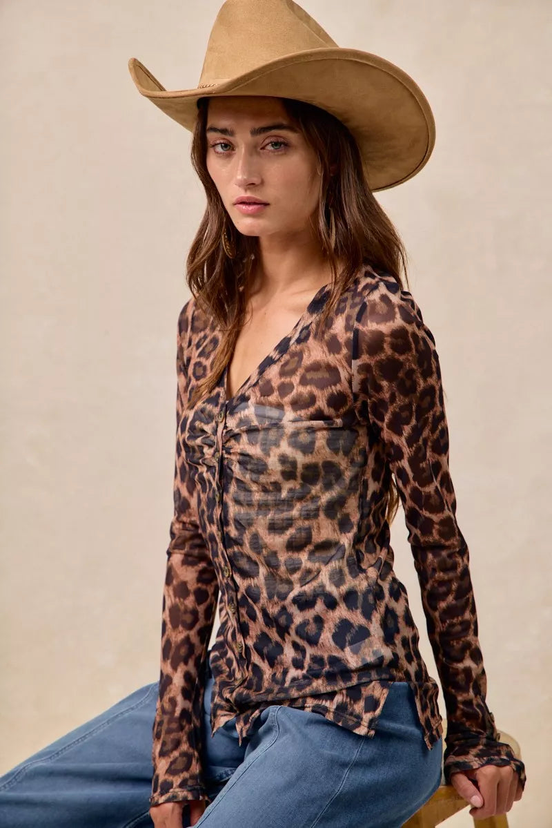 BiBi Leopard Printed Mesh Shirt With Button Up V Neck - Lilixa.store