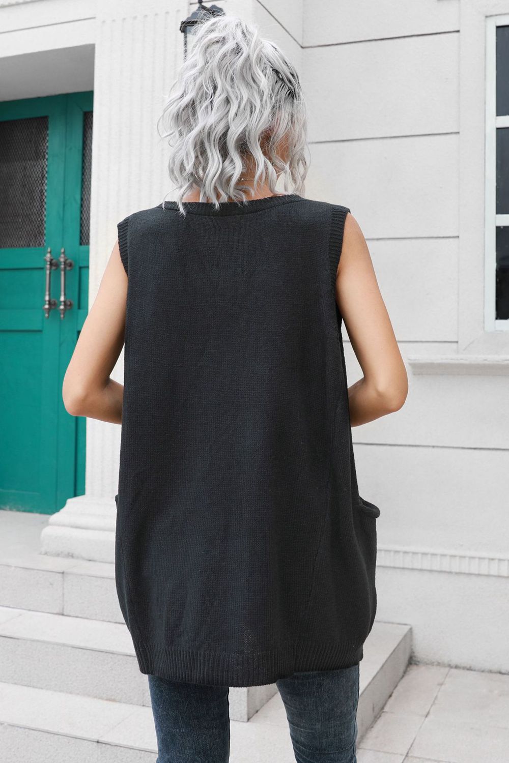 V-Neck Sleeveless Sweater Vest with Pocket in Black, view 7