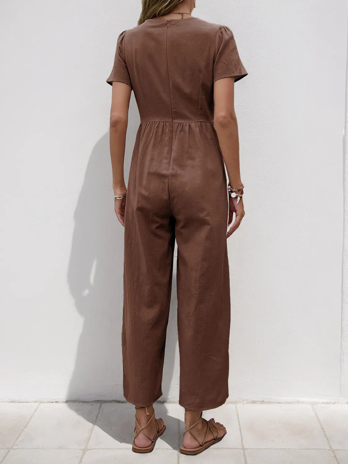 V-Neck Short Sleeve Wide Leg Jumpsuit - Lilixa.store