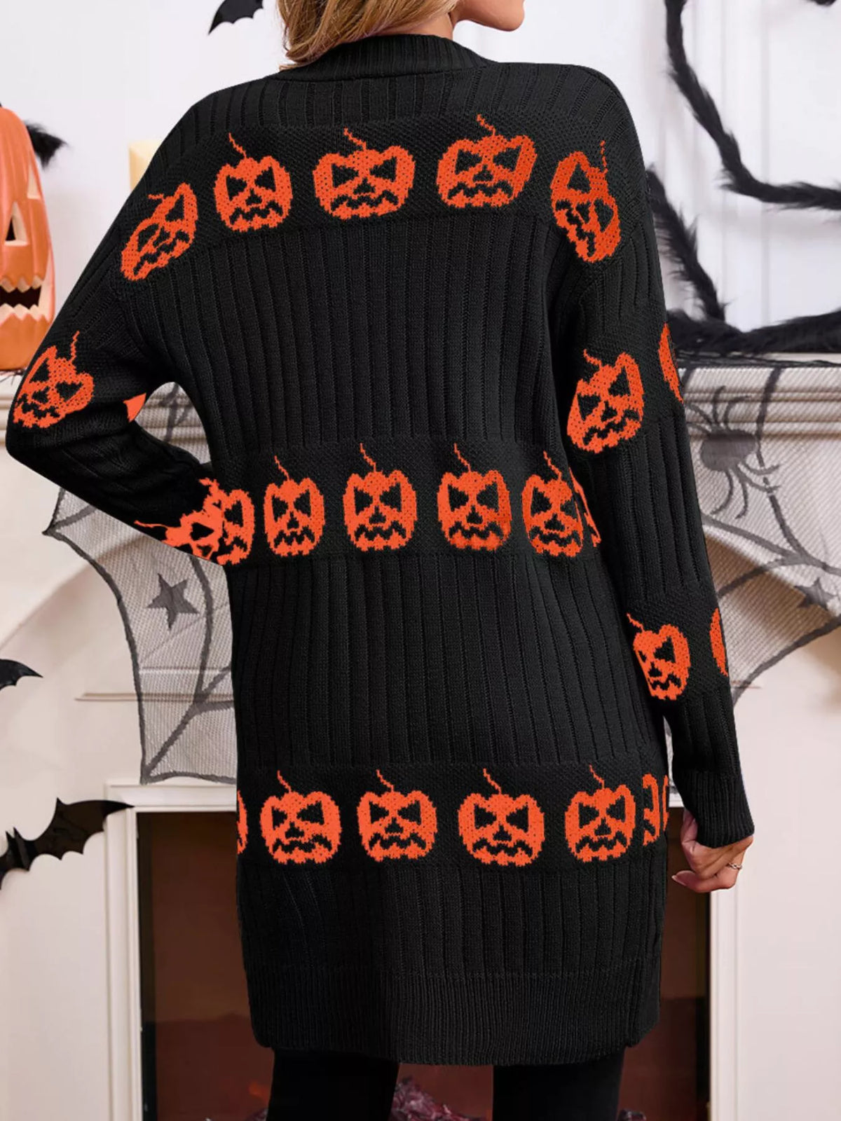 Halloween Pumpkin Open Front Knit Cardigan, view 2