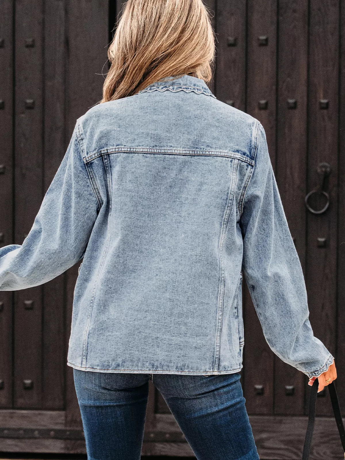Scallop Trim Collar Patched Pocket Button Up Denim Jacket, view 3