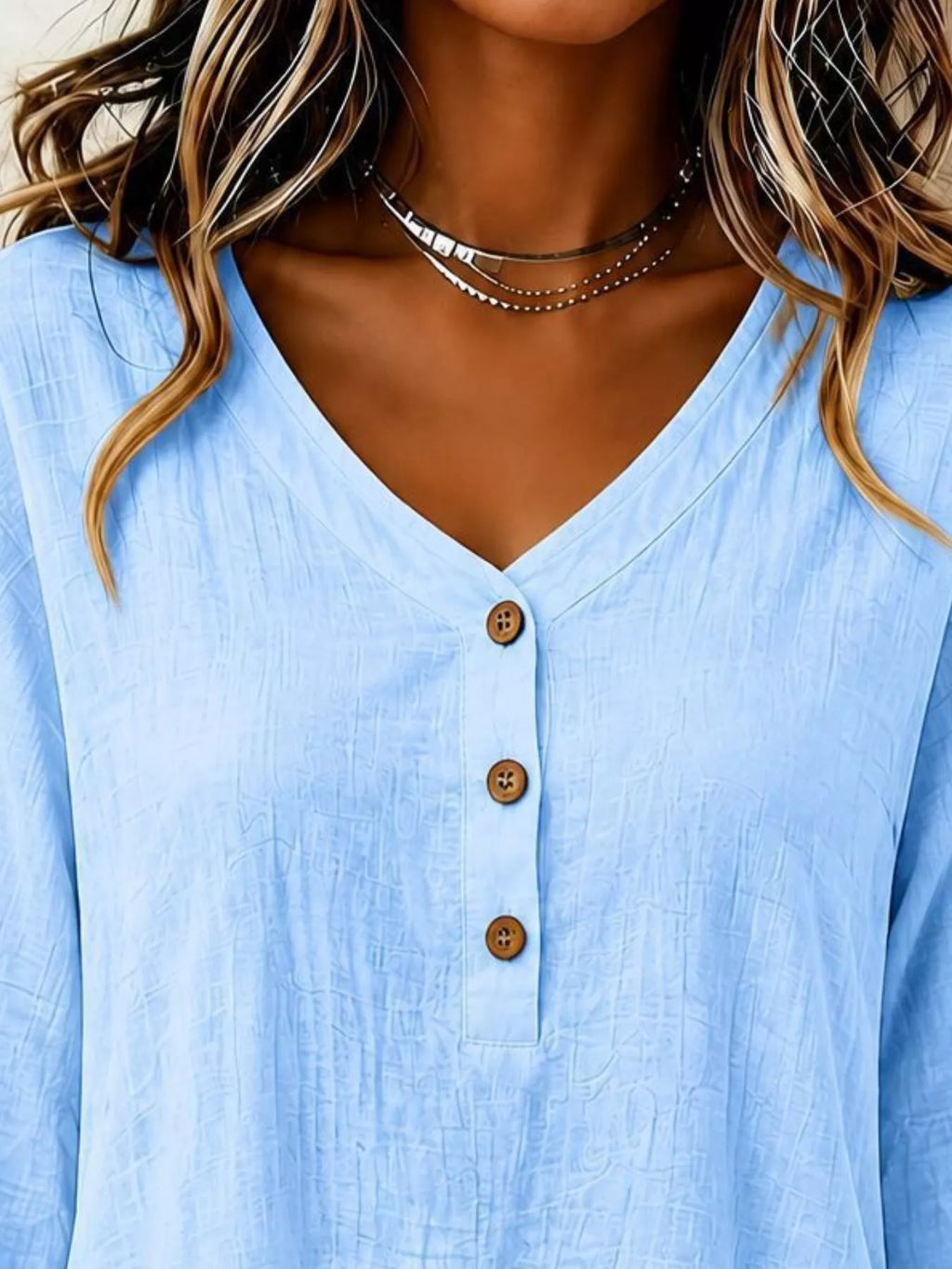 V-Neck Long Sleeve Button Detail Ruffled Hem Blouse - Lilixa.store