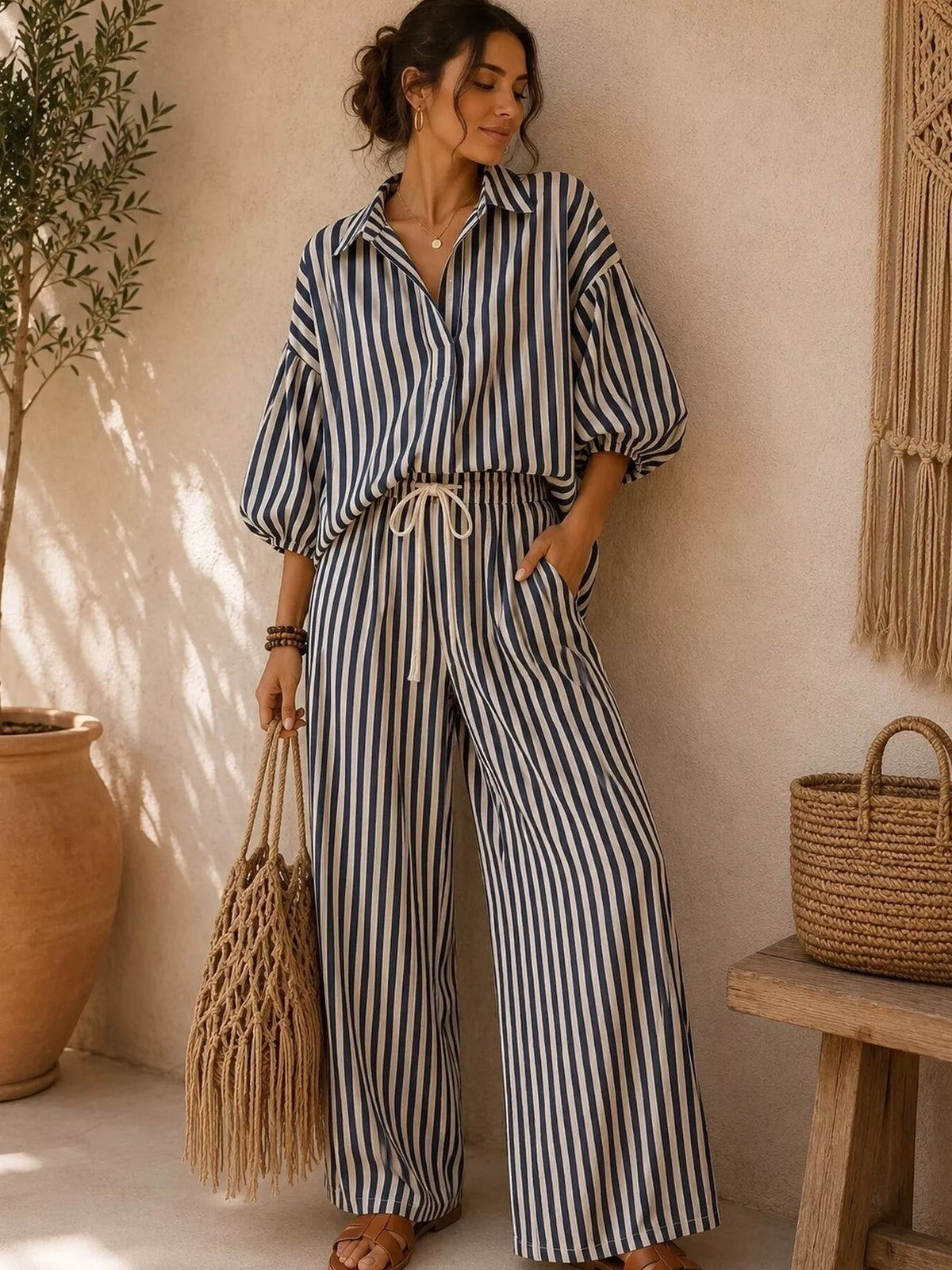 Full Size Striped Relaxed Fit Shirt and Wide-Leg Pants Set Plus Size - Lilixa.store