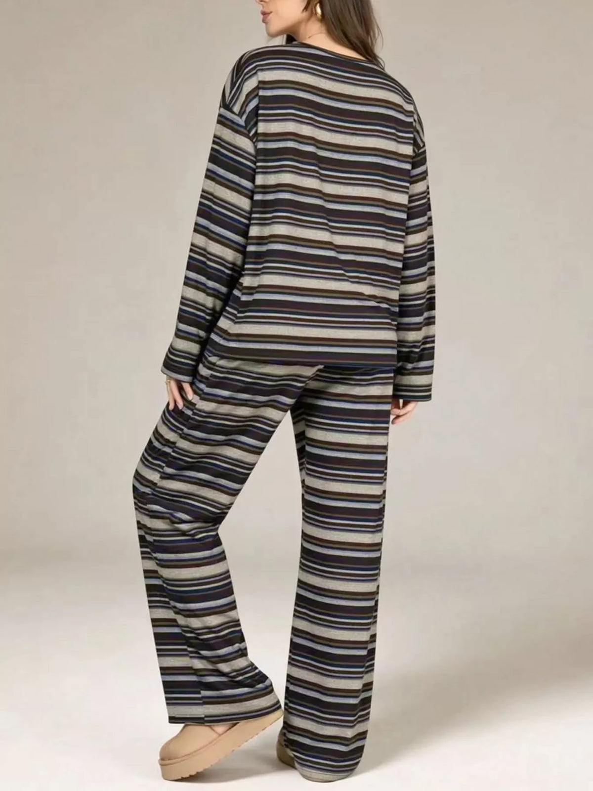 Striped Long-Sleeve Top and Wide-Leg Pants Set - Lilixa.store