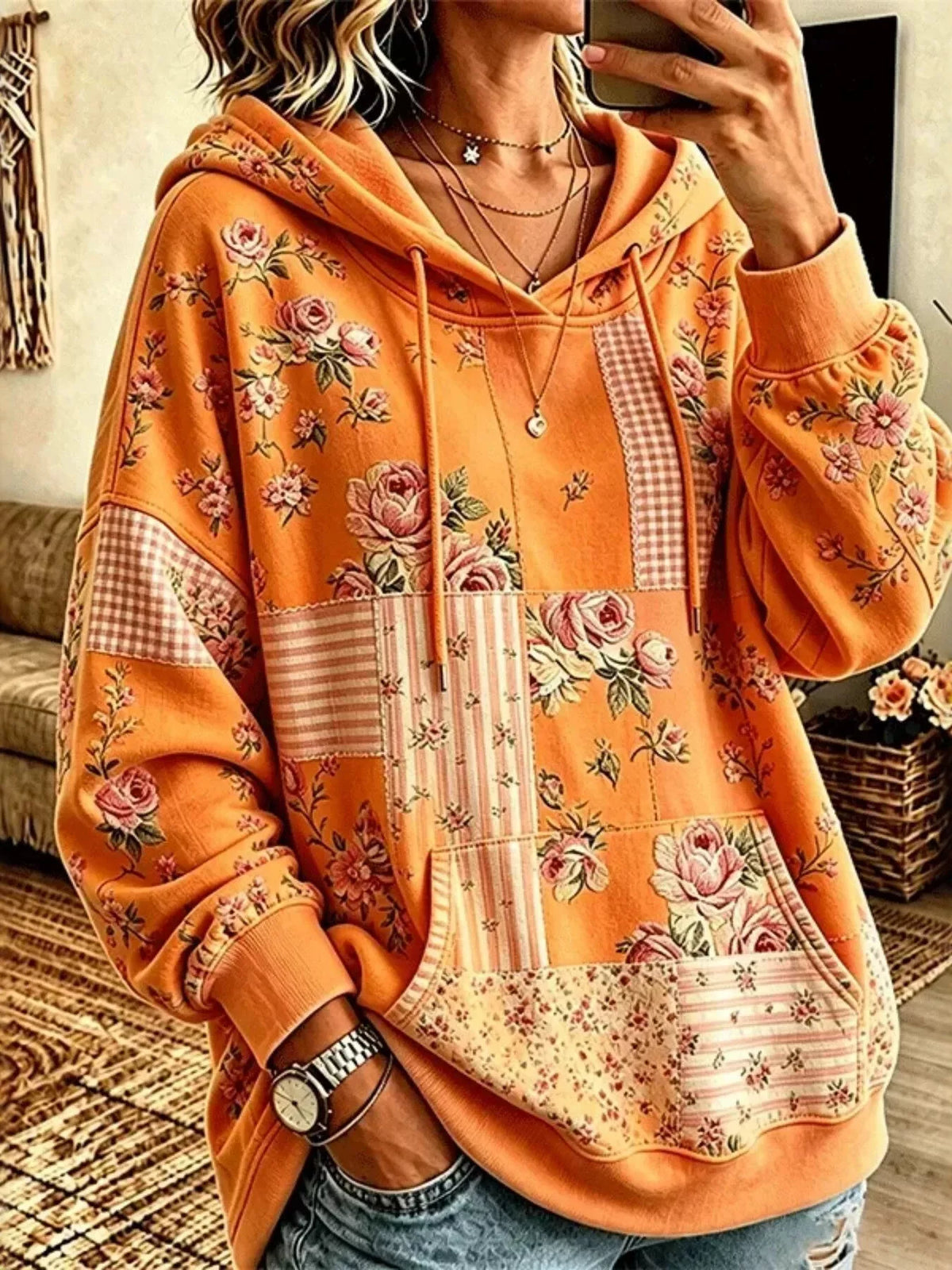 Full Size Drawstring Floral Dropped Shoulder Hoodie Plus Size in Tangerine