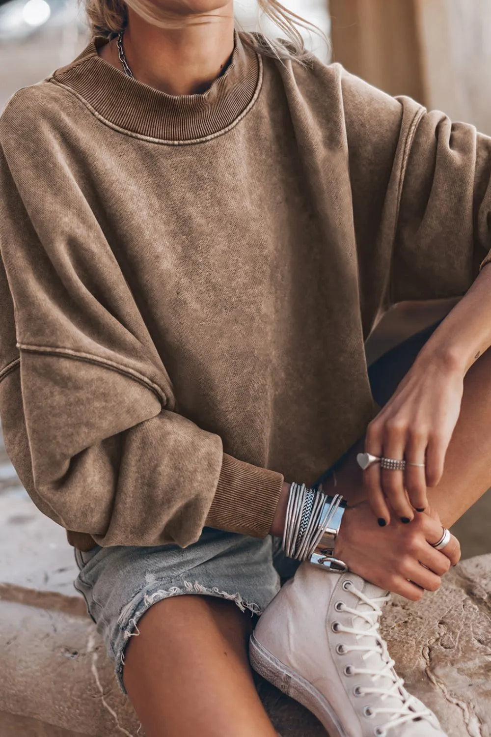 Mock Neck Dropped Shoulder Sweatshirt - Lilixa.store