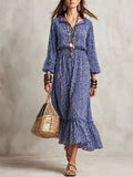 Floral Print Long-Sleeve Ruffle Hem Midi Dress - Lilixa.store