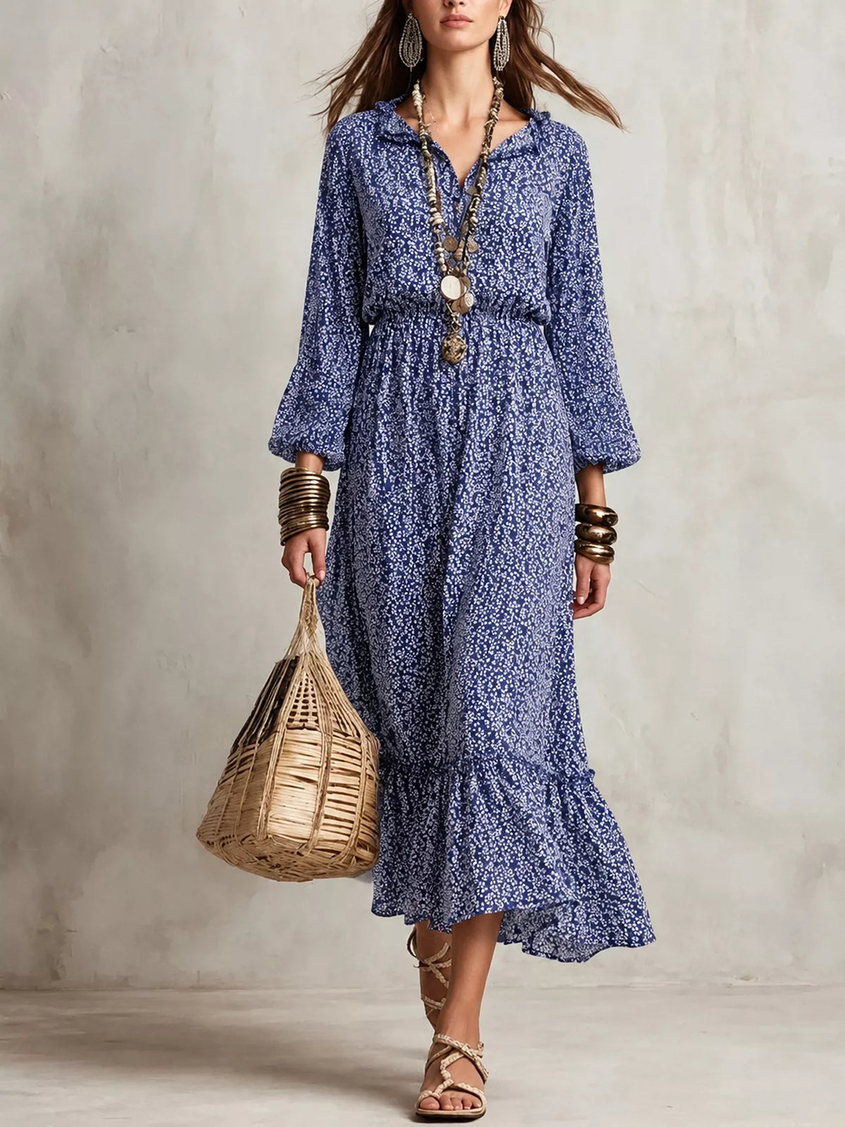 Floral Print Long-Sleeve Ruffle Hem Midi Dress