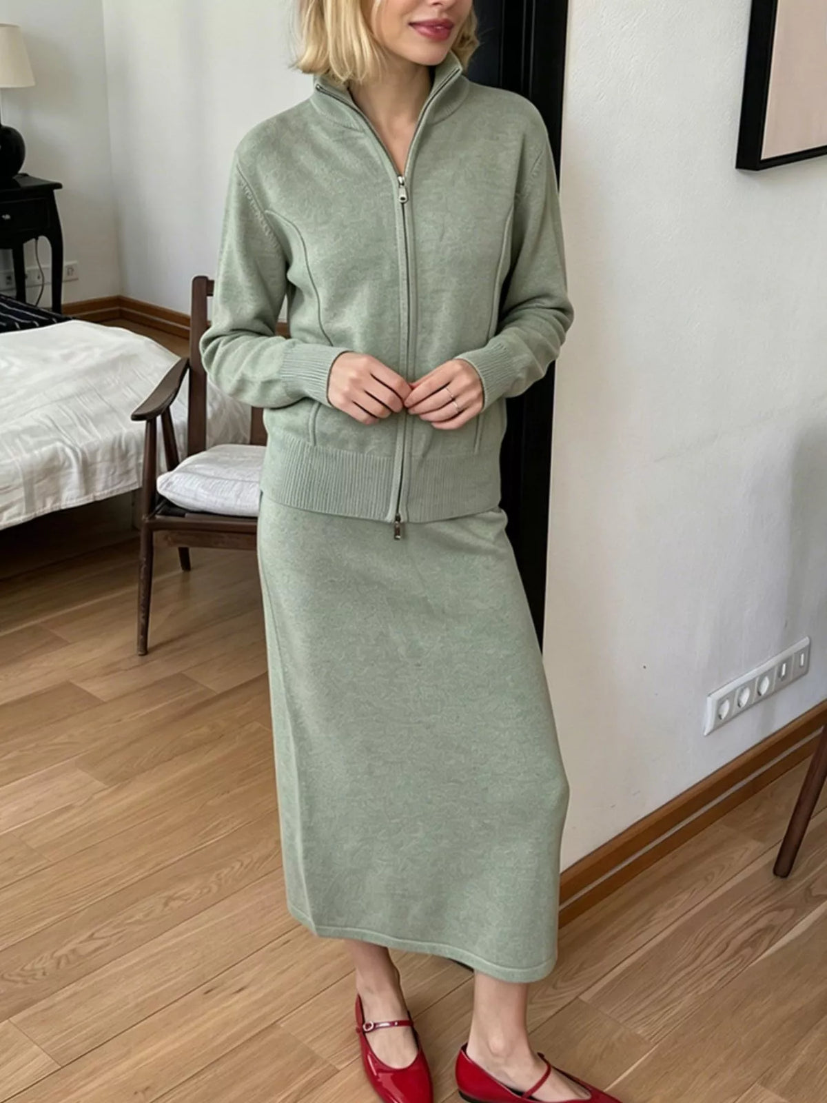 Zip-Up Mock Neck Cardigan and Matching Midi Skirt Sweater Set, view 8