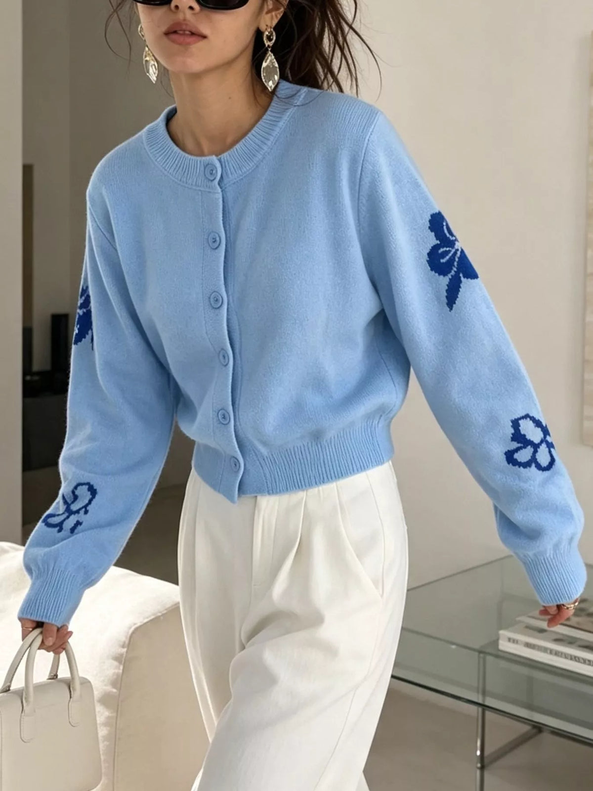 Floral Crew Neck Cropped Knit Cardigan, view 3