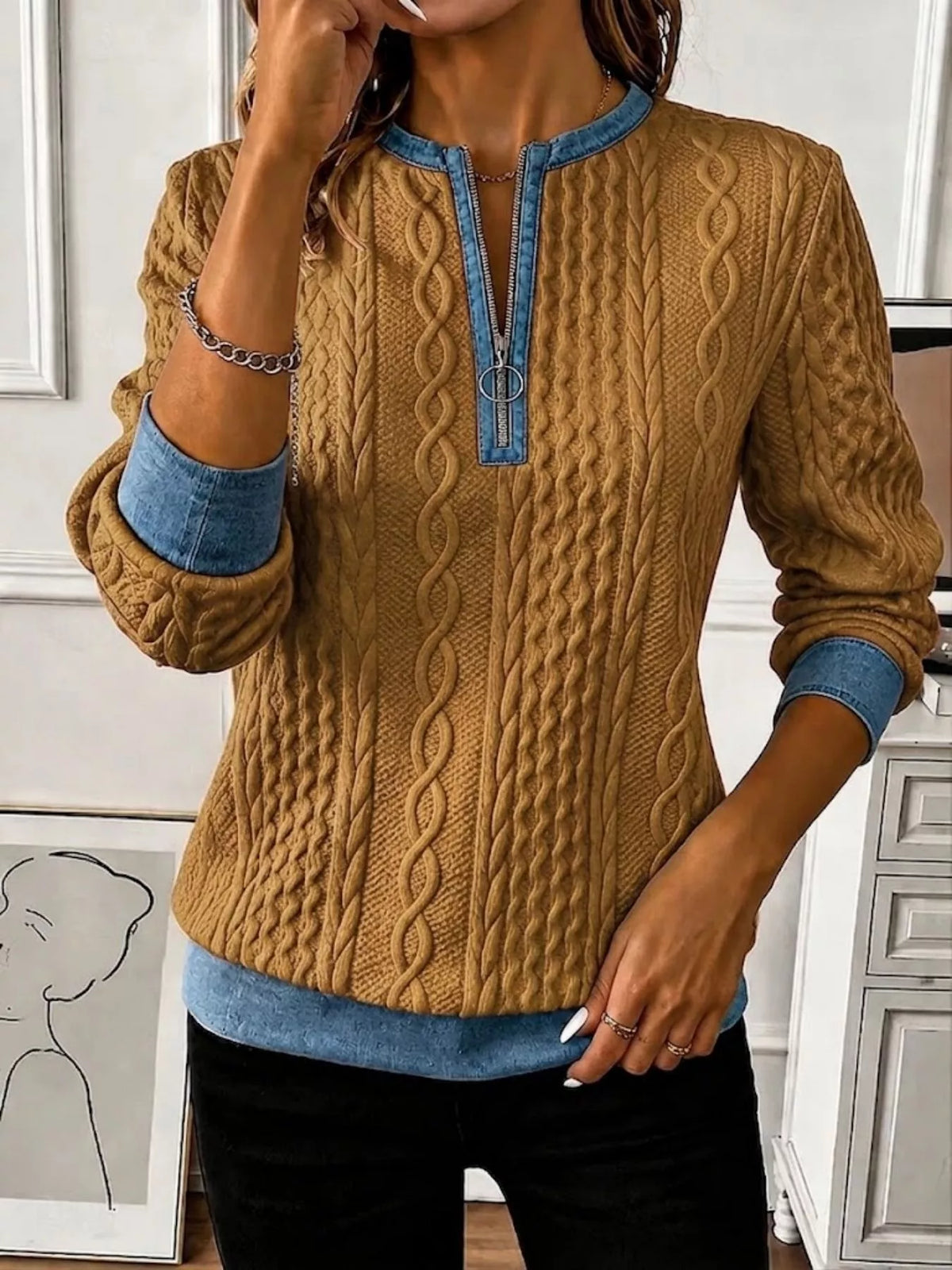 Full Size Denim Contrast Trim Quarter Zip Texture Sweatshirt Plus Size - Lilixa.store