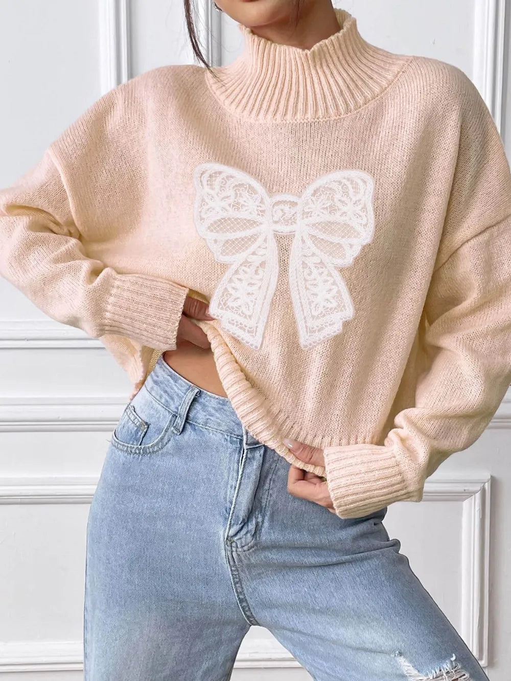 Bow Turtleneck Long Sleeve Sweater - Lilixa.store