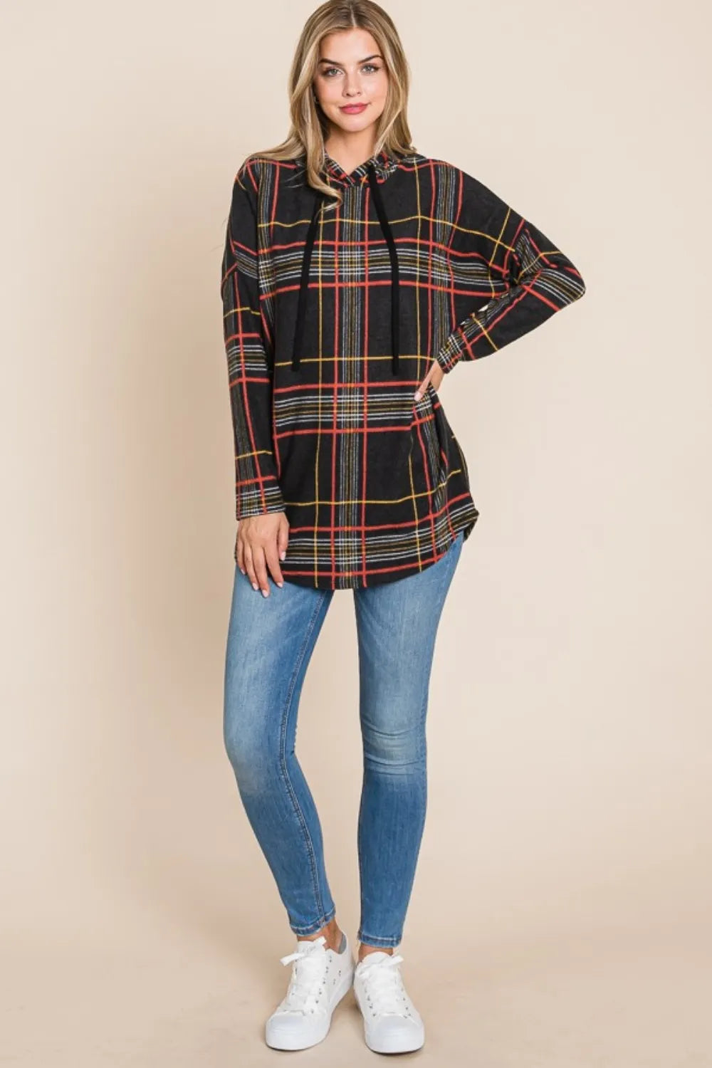 BOMBOM Drawstring Plaid Long Sleeve Hoodie - Lilixa.store