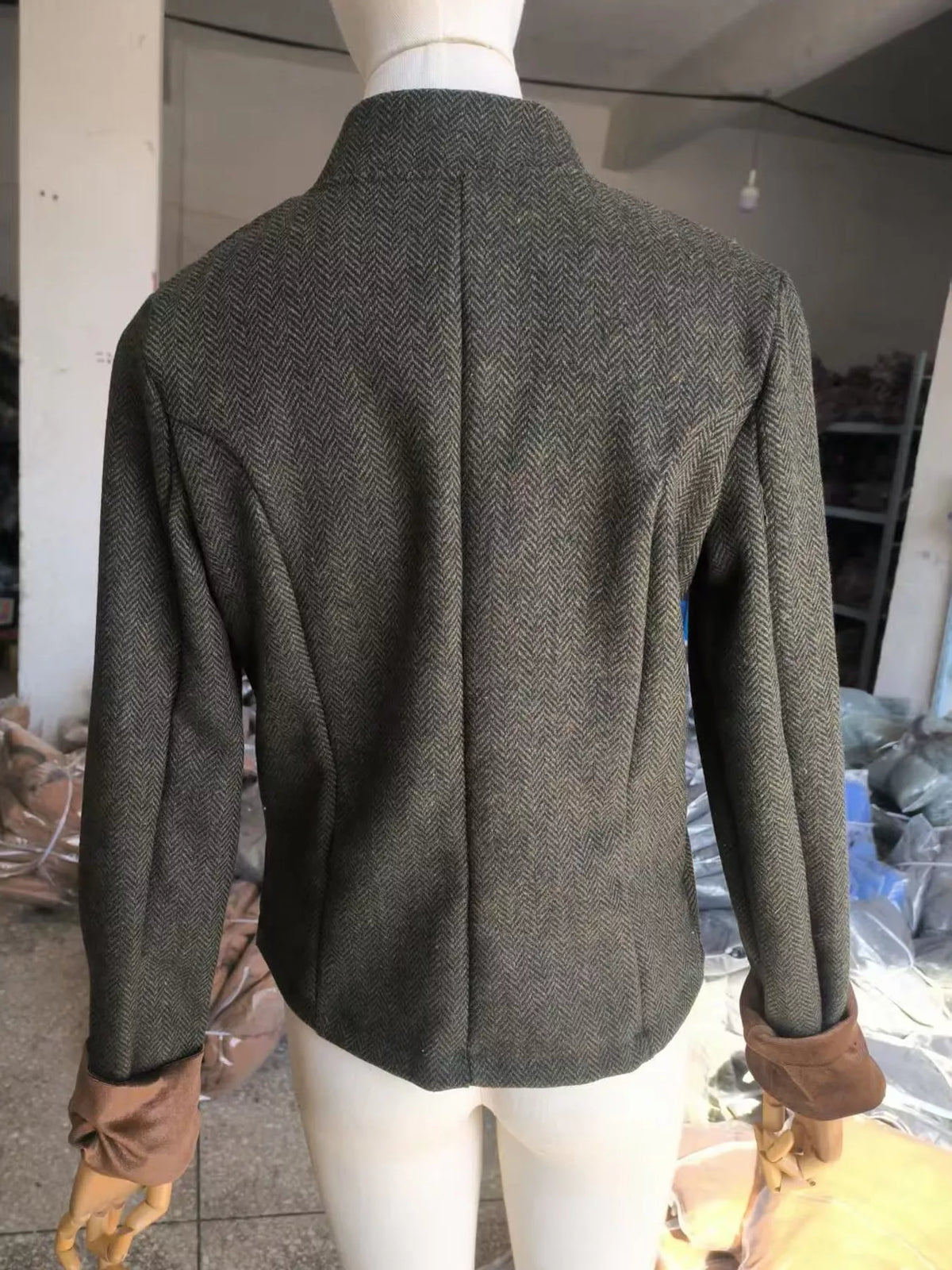 Full Size Vintage Herringbone Tweed Blazer with Velvet Cuffs Plus Size in Army Green, view 8