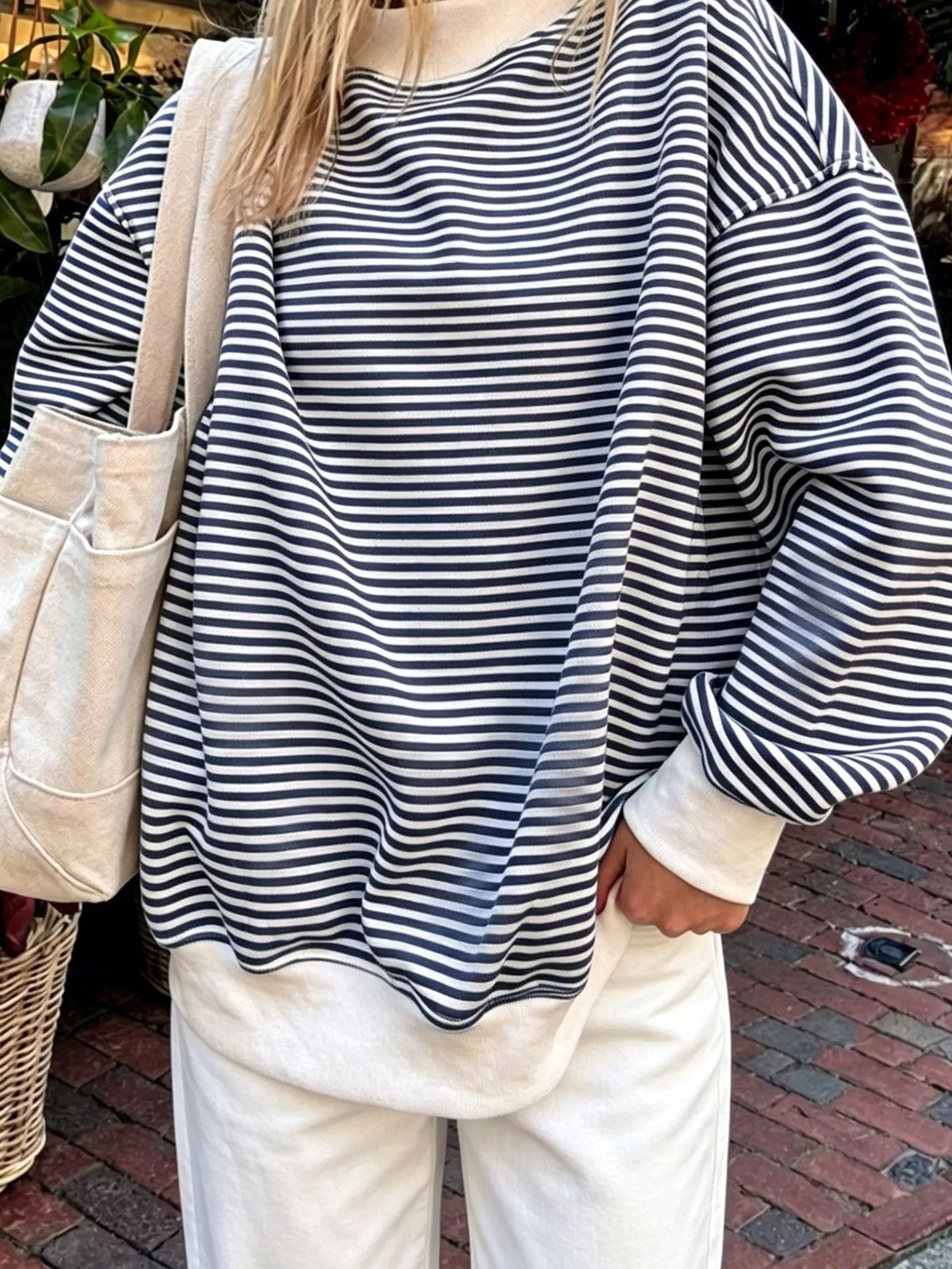 Oversized Striped Crew Neck Sweatshirt