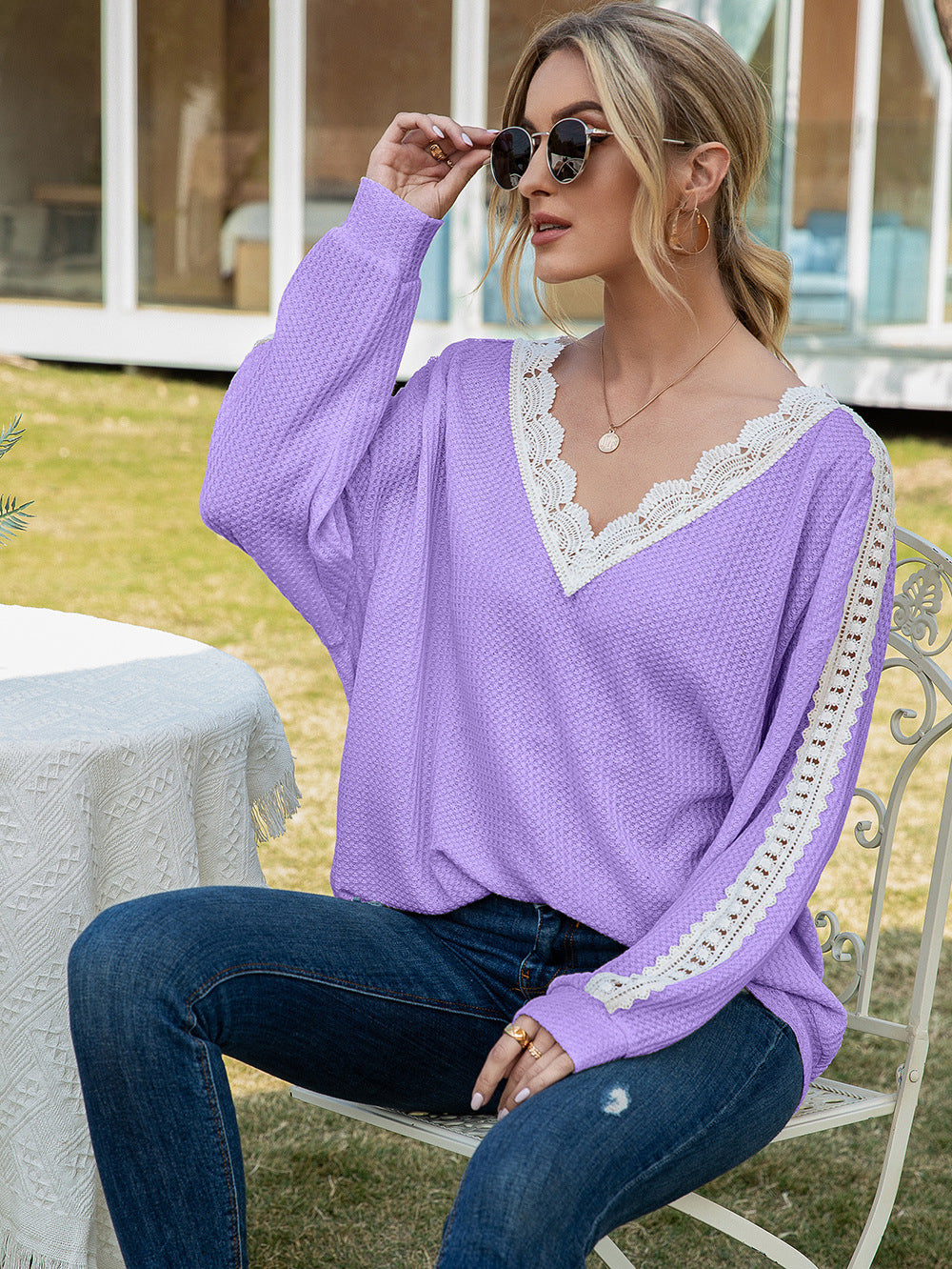 Ivy Lane Contrast Spliced Lace V-Neck Top, view 2