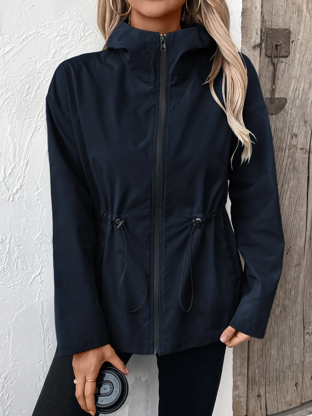 Ivy Lane Drawstring Zip Up Hooded Jacket in Navy