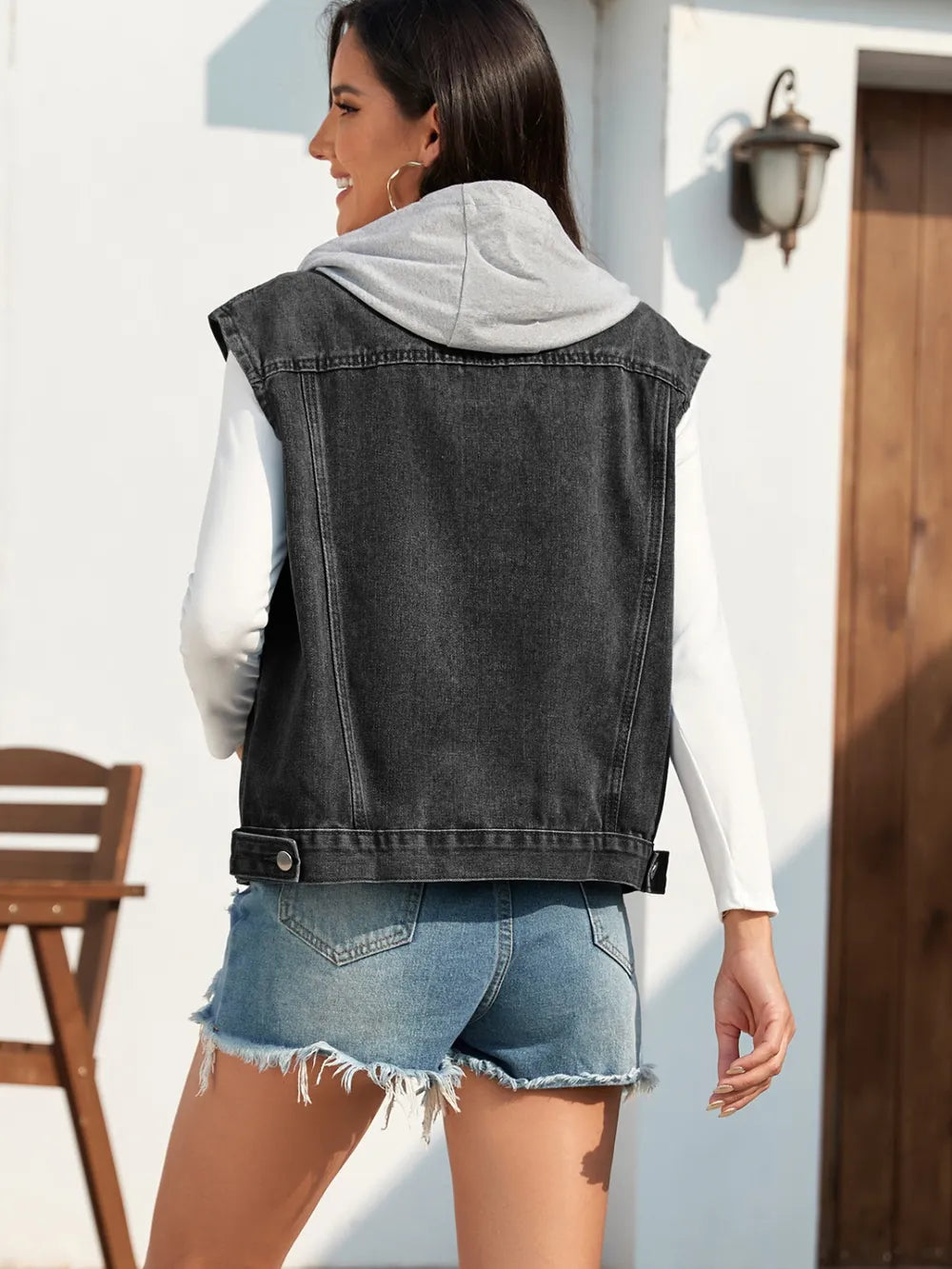 Pocketed Button Up Hooded Denim Jacket in Black, view 2