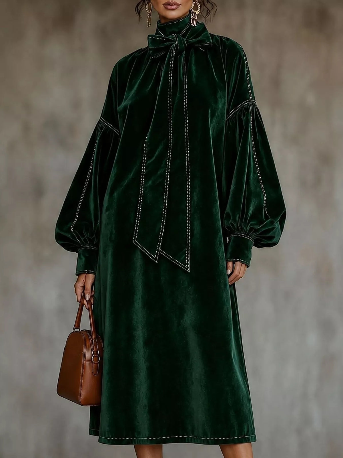 Full Size Velvet Tie-Neck Lantern Sleeve Midi Dress Plus Size