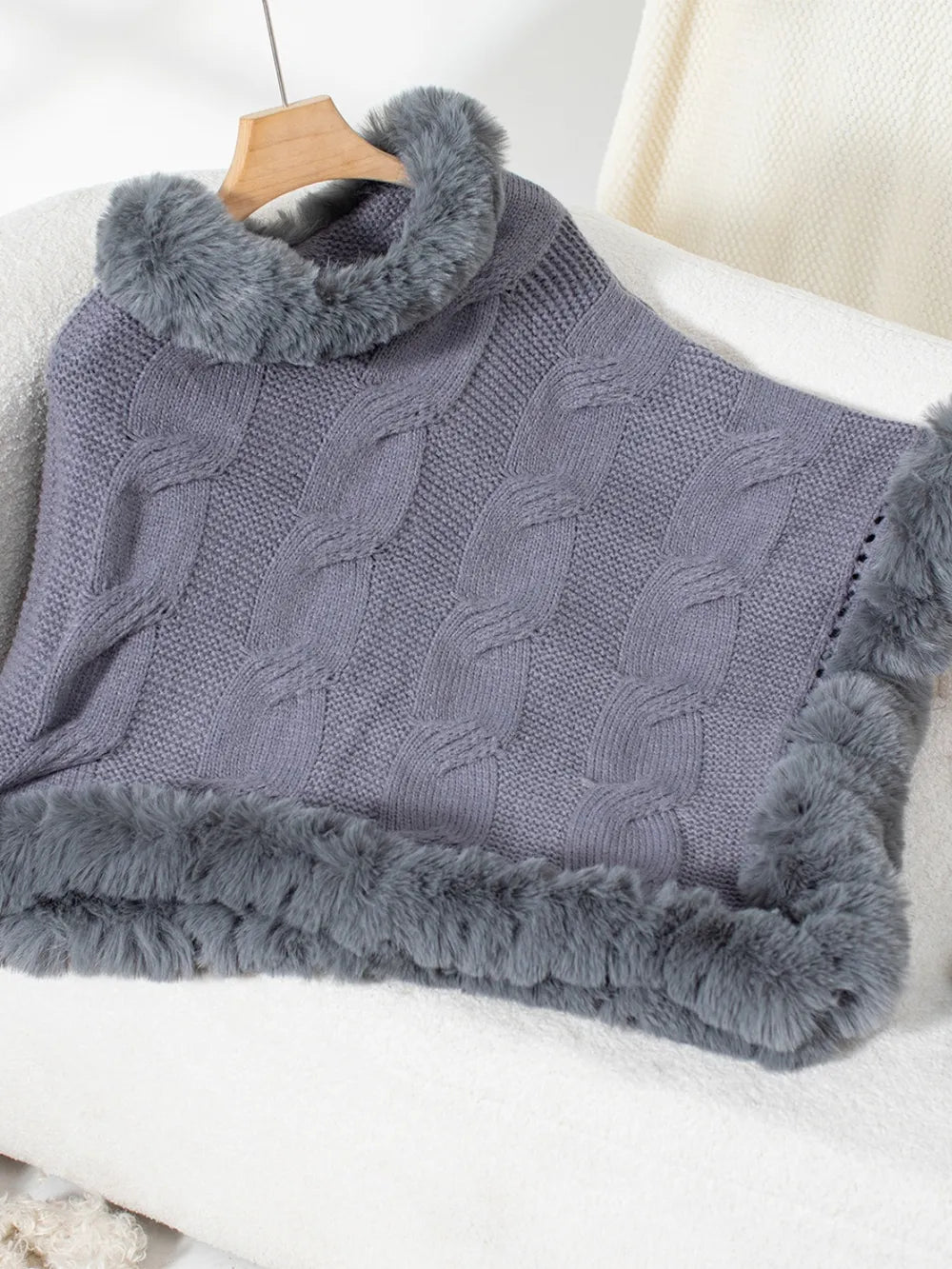 Fuzzy Hem Cable-Knit Poncho - Lilixa.store