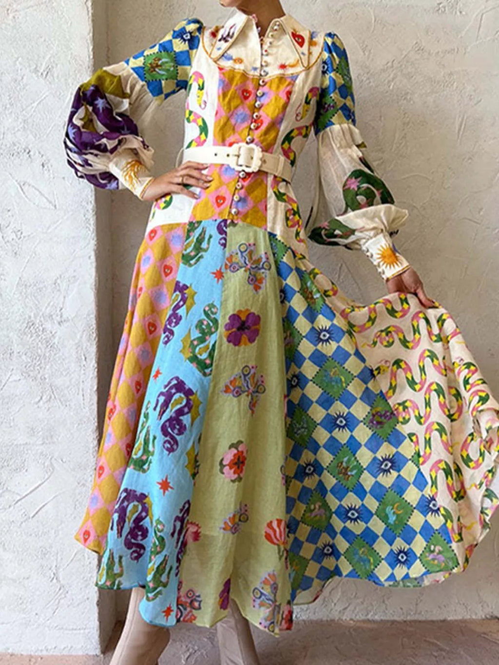 Full Size Printed Lantern Sleeve Maxi Dress Plus Size - Lilixa.store