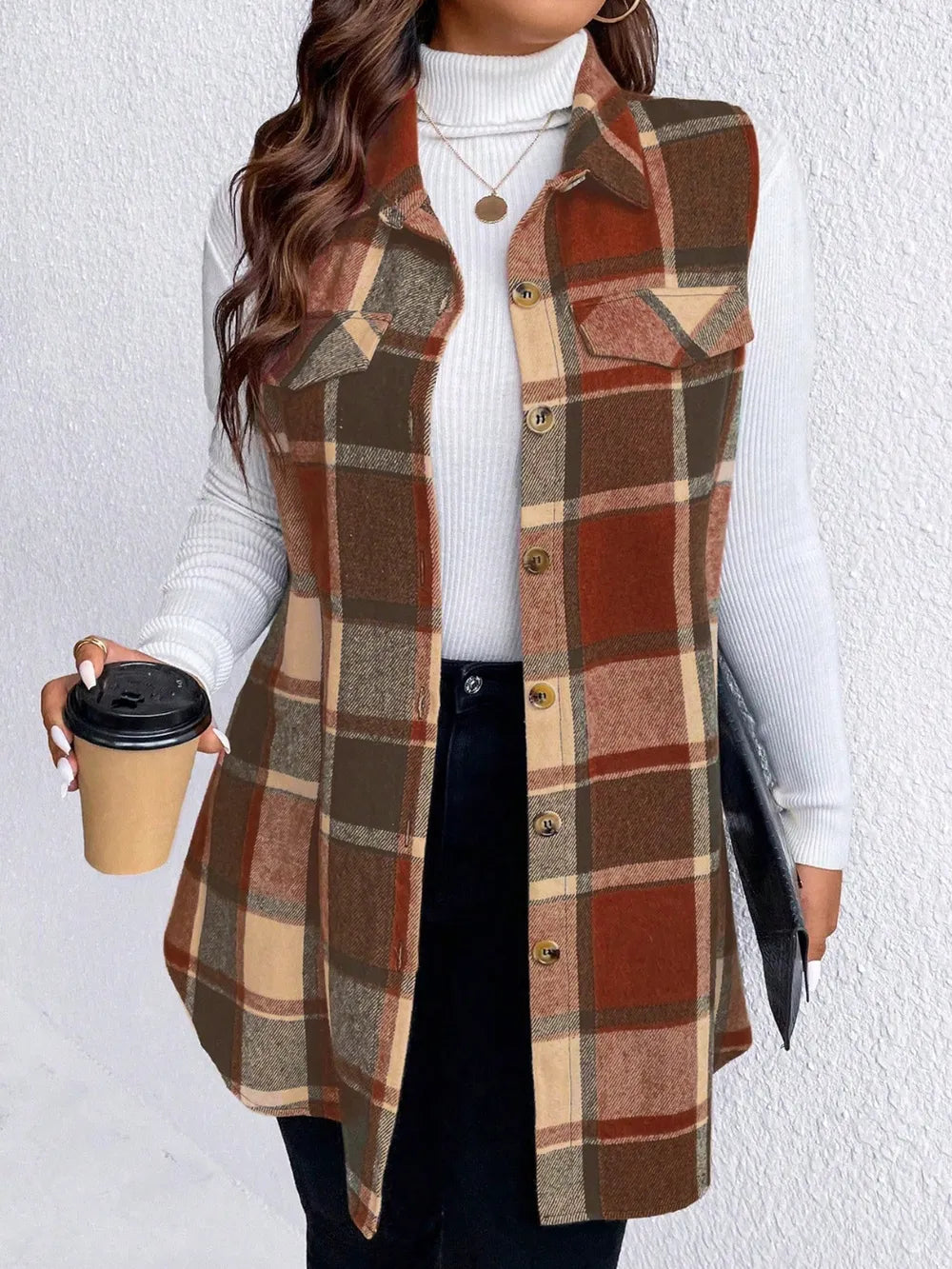 Honey Plus Size Pocketed Plaid Button Up Vest Coat, view 14