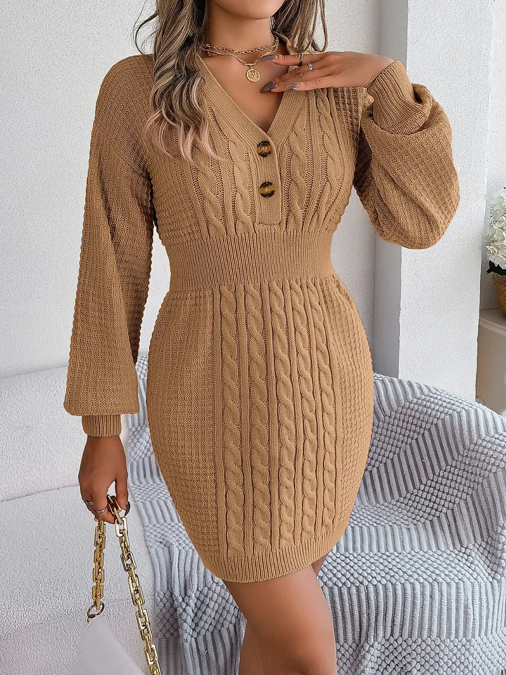 Buttoned Cable-Knit V-Neck Sweater Dress in Khaki