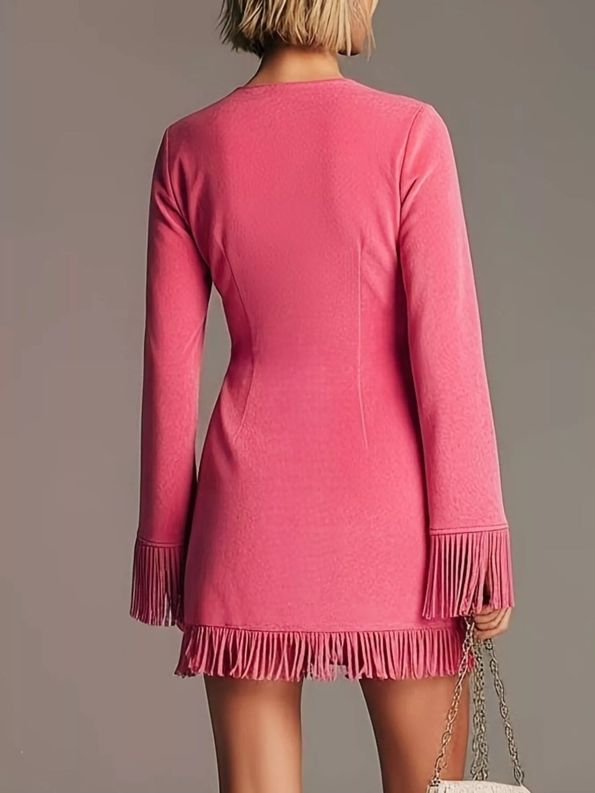 Boho Chic Fringed Suede V-Neck Mini Dress, view 2