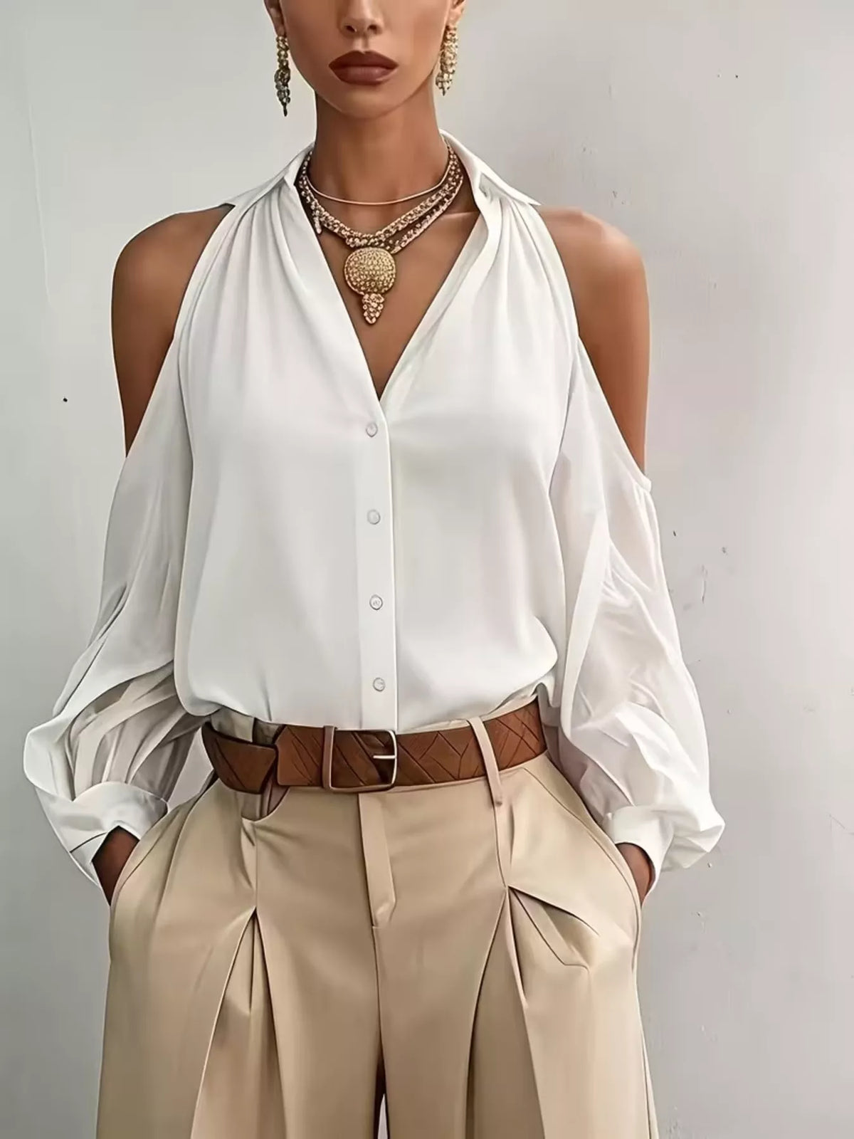 Cold-Shoulder Button-Down Shirt in White