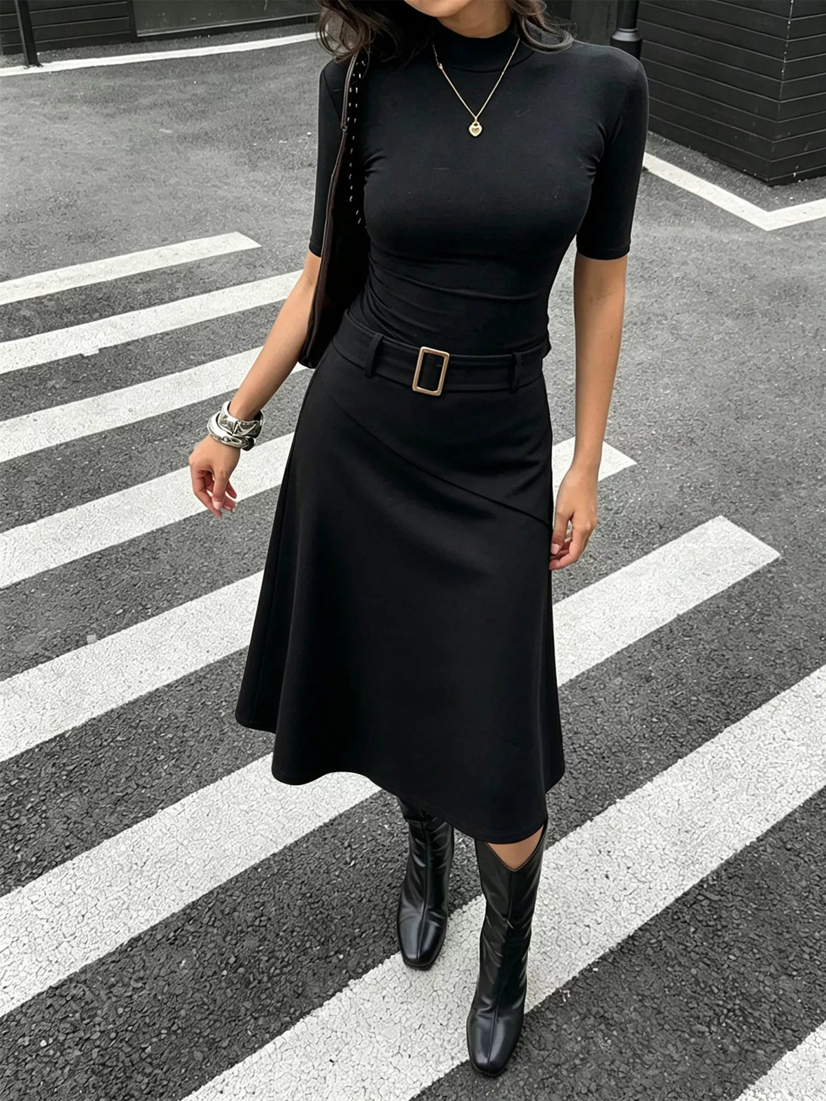 High-Waisted A-Line Midi Skirt with Belted Detail in Black, view 5