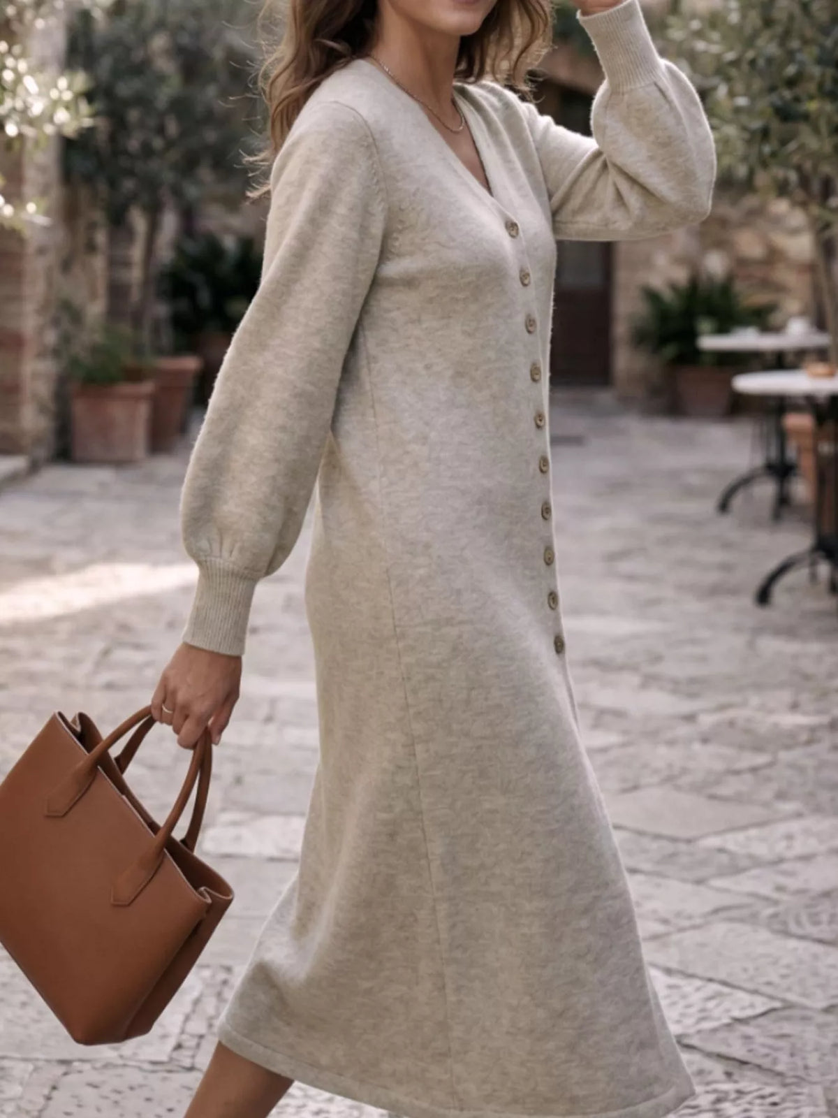 Button Front Long Sleeve Sweater Dress - Lilixa.store