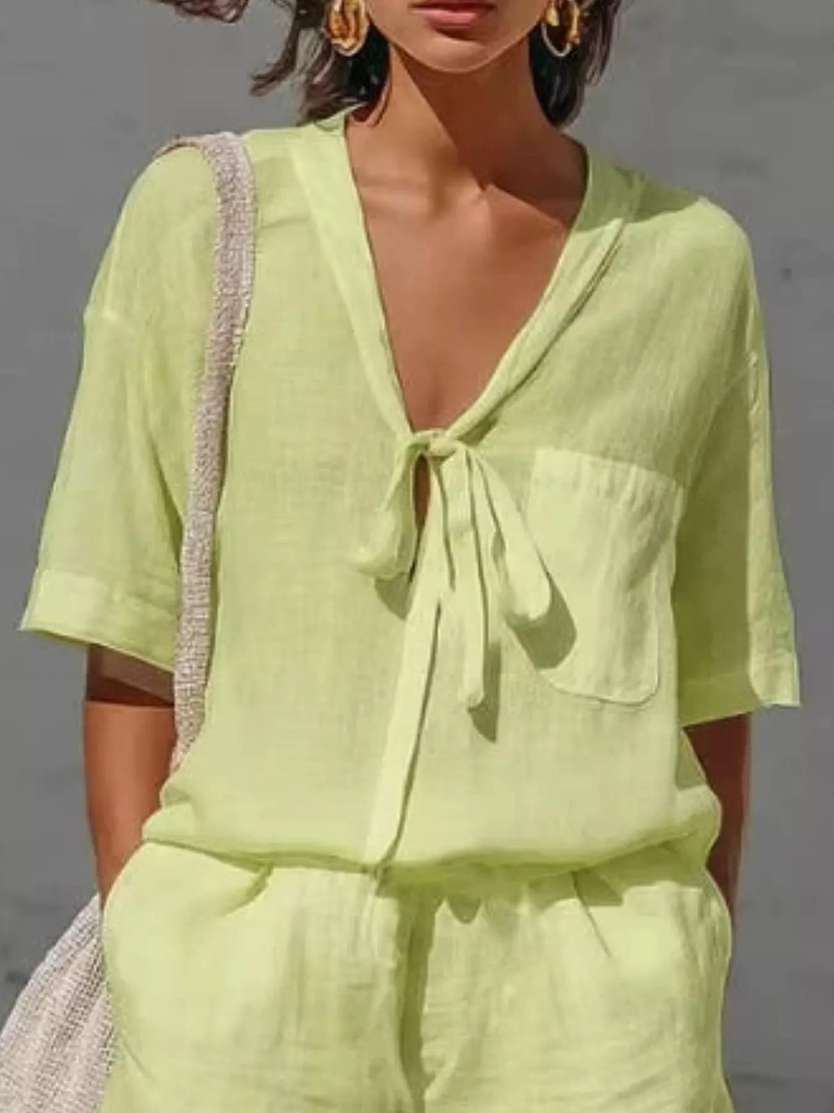 Tie-Front Half Sleeve Shirt and Shorts Set, view 3