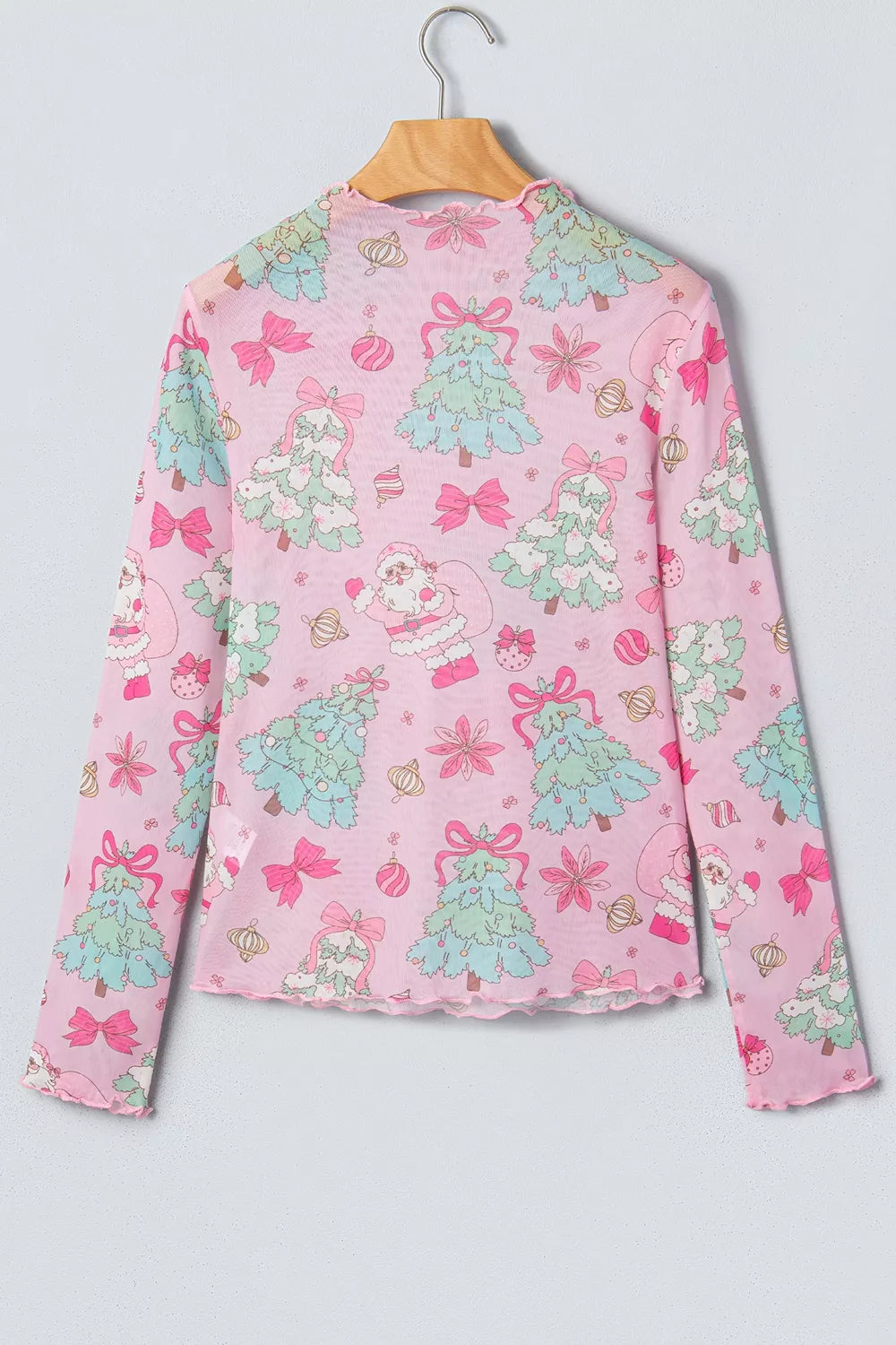 Christmas Print Sheer Mesh Slim Fit Long Sleeve Top in Dusty Pink, view 4