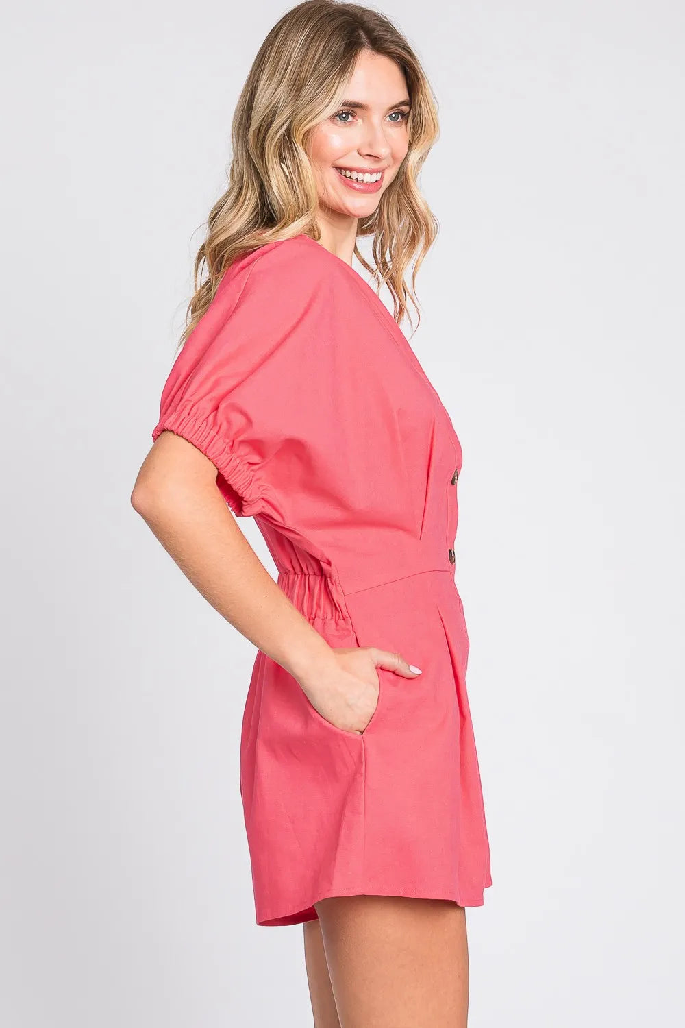GeeGee Half Button V-Neck Linen Romper - Lilixa.store
