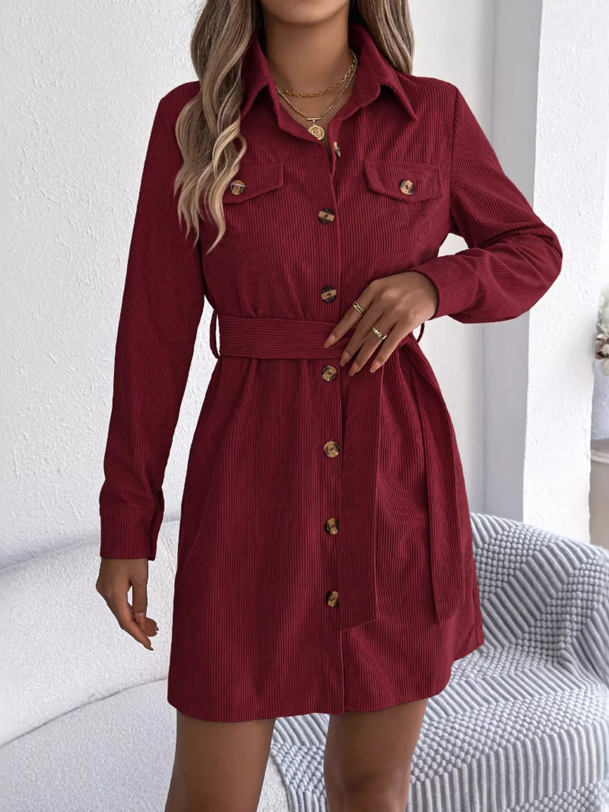Corduroy Button-Down Shirt Dress - Lilixa.store