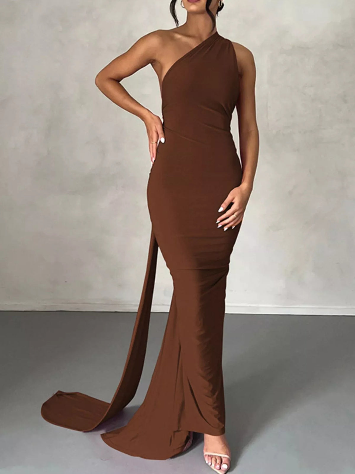 Backless One-Shoulder Ruched Bodycon Maxi Dress in Brown