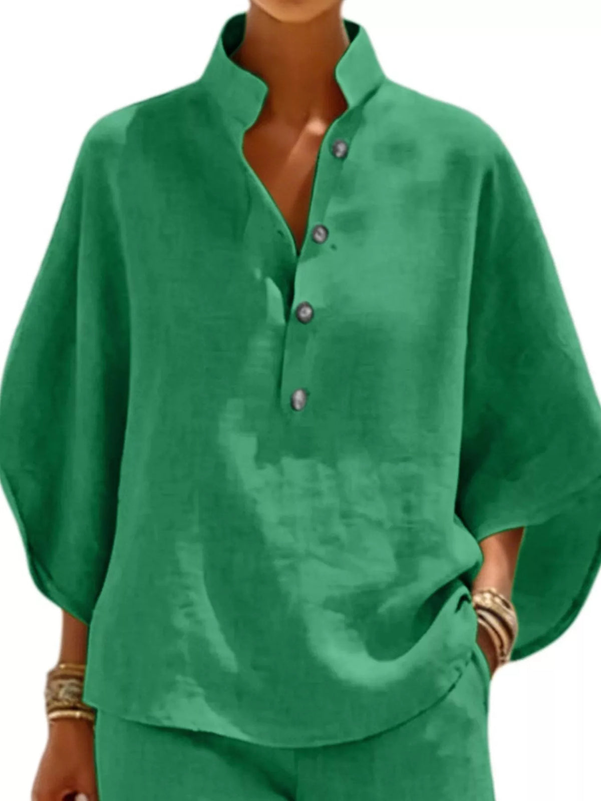 Full Size Button Detail Loose Fit Top and Shorts Set Plus Size