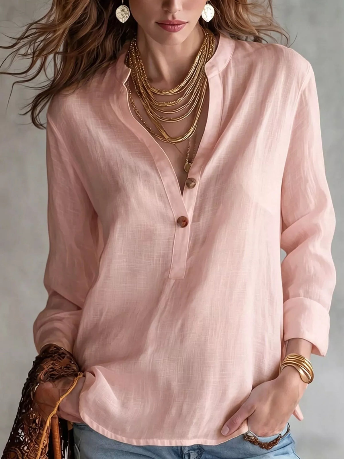 Button Detail Long Sleeve Blouse - Lilixa.store